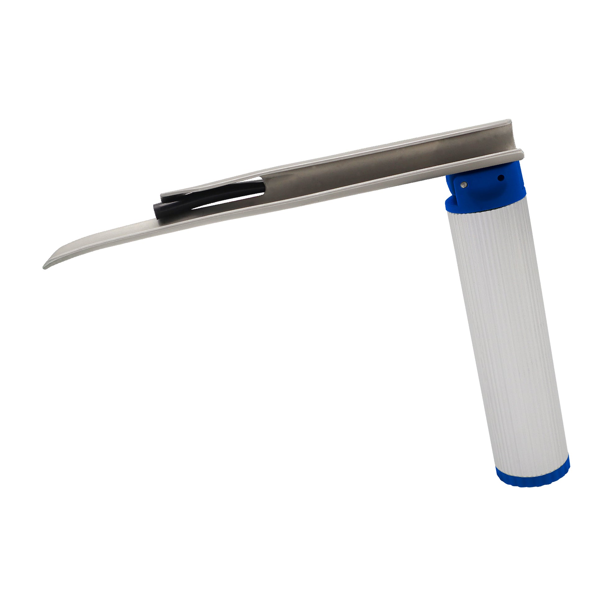 Miller Laryngoscope Combo clinical position view showing single-use stainless steel blade with fiber optic illumination ready for intubation procedure use.