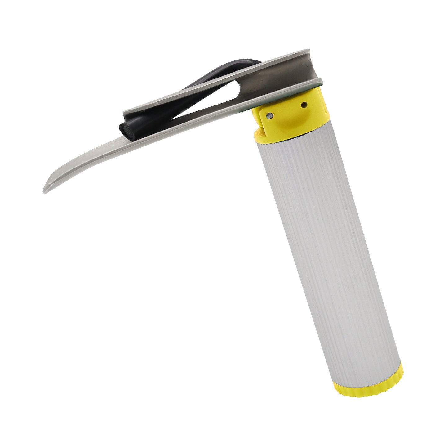 Miller Laryngoscope Combo side profile view showing ergonomic handle and single-use stainless steel blade with fiber optic illumination for airway management.