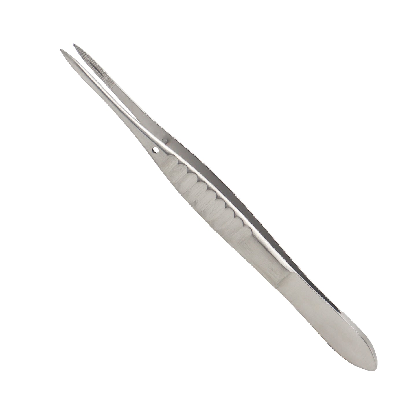 A pair of stainless steel Moorfield conjunctival forceps with fine serrated tips and a textured grip, shown against a plain white background.