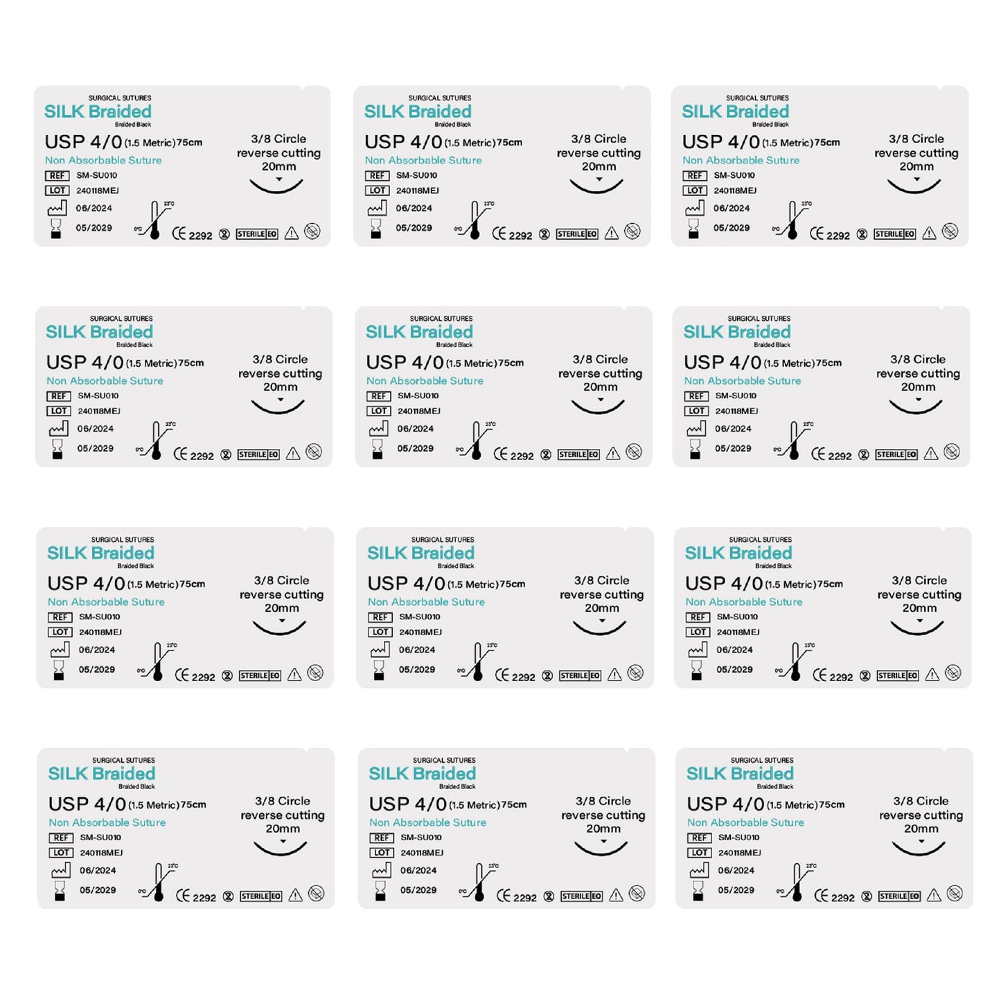 Multiple packages of Silk Braided sutures on a white background