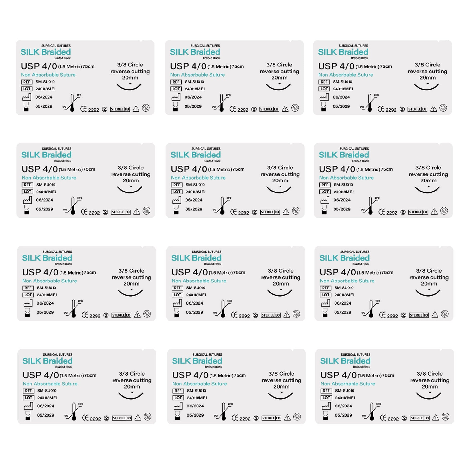 Multiple packages of Silk Braided sutures on a white background
