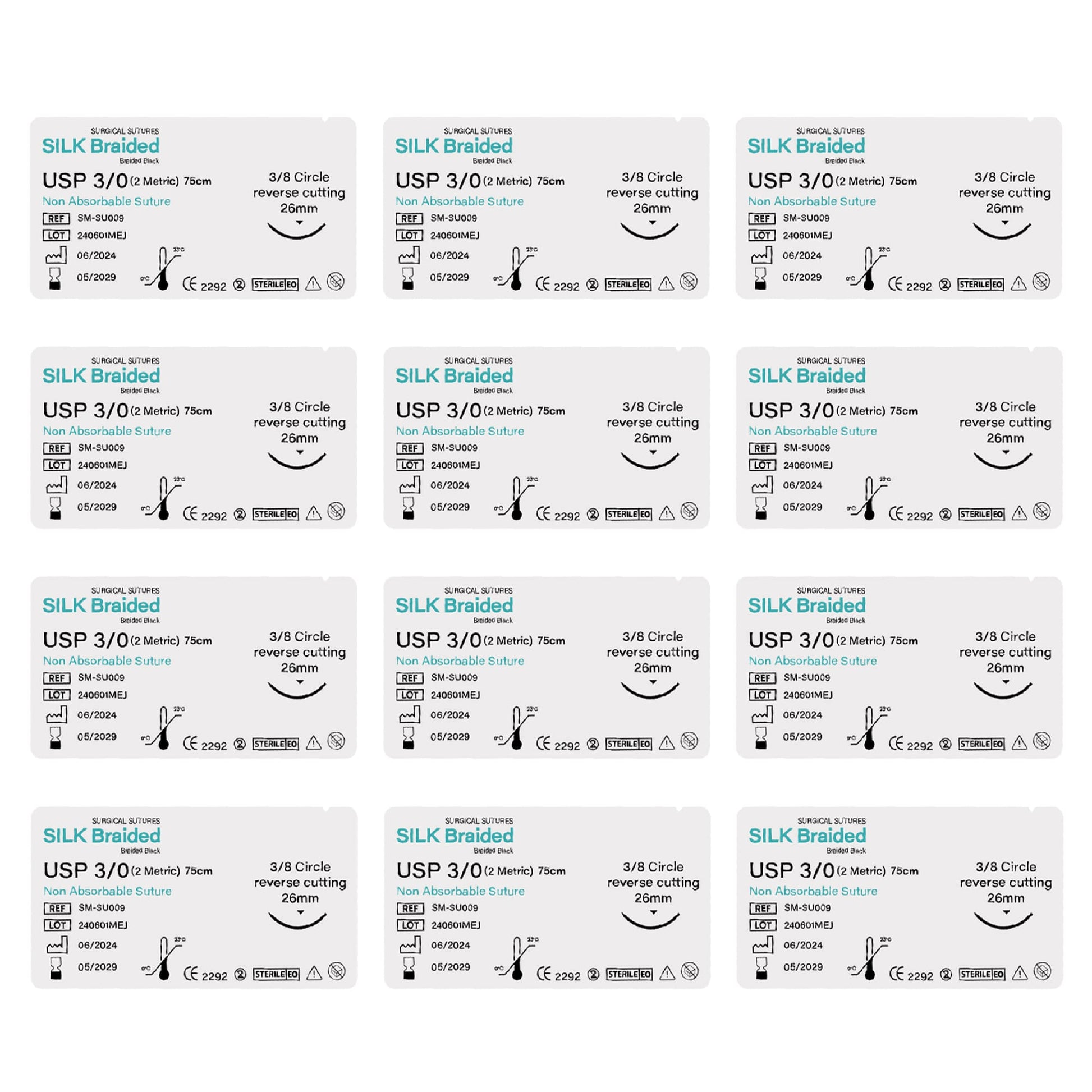 Multiple packages of Silk Braided sutures on a white background