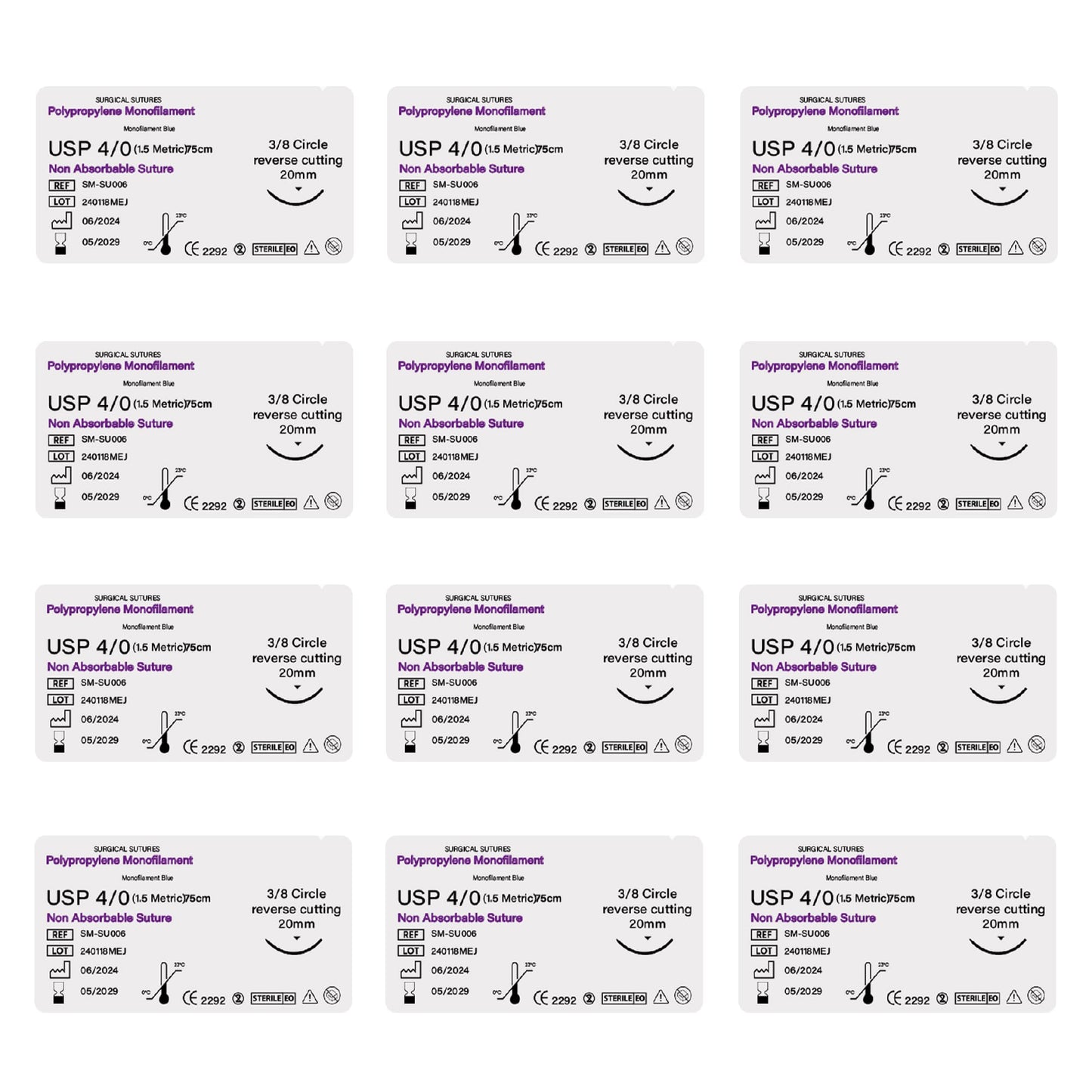Multiple packages of USP 4/0 polypropylene suture on a white background