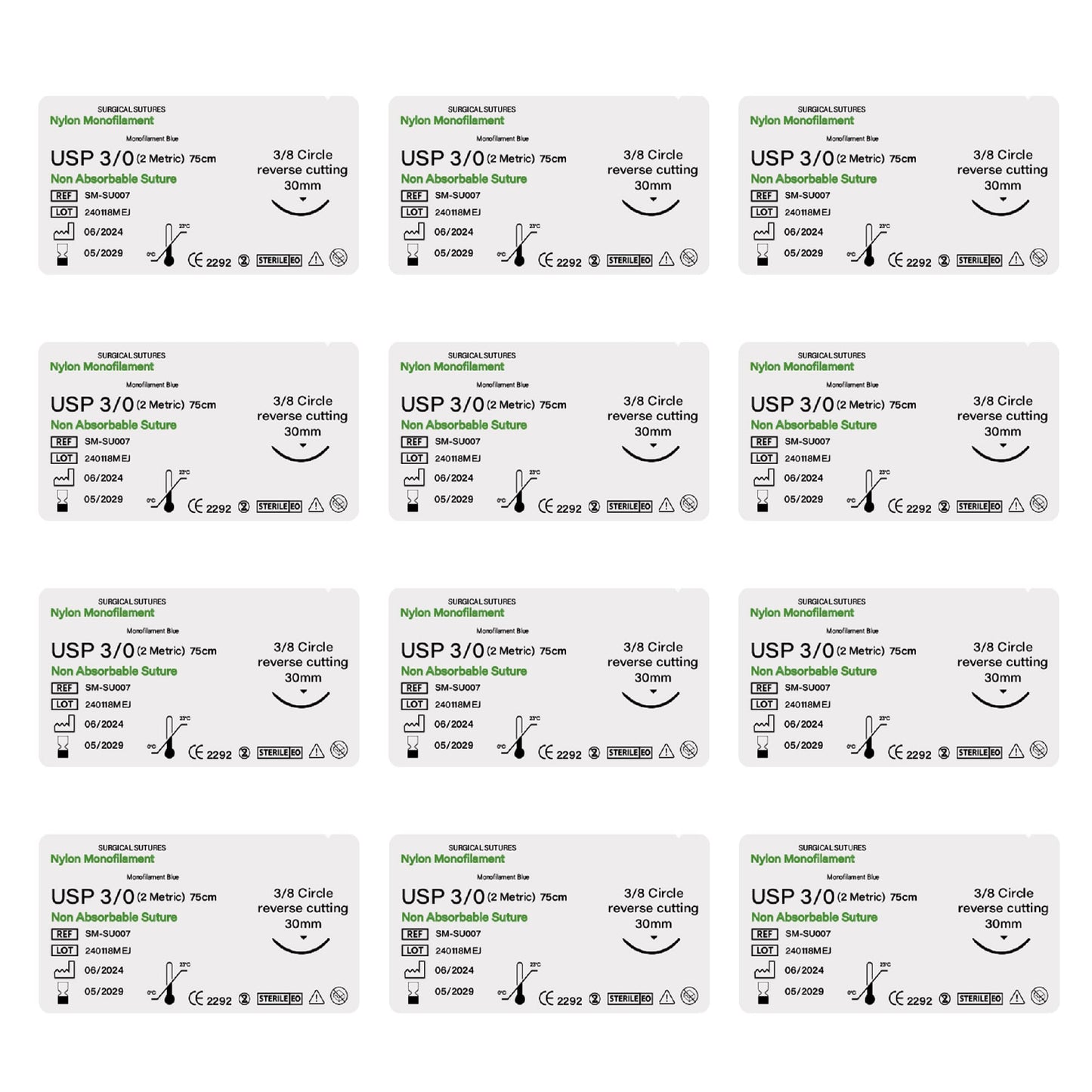 Multiple packages of surgical sutures with labels on a white background