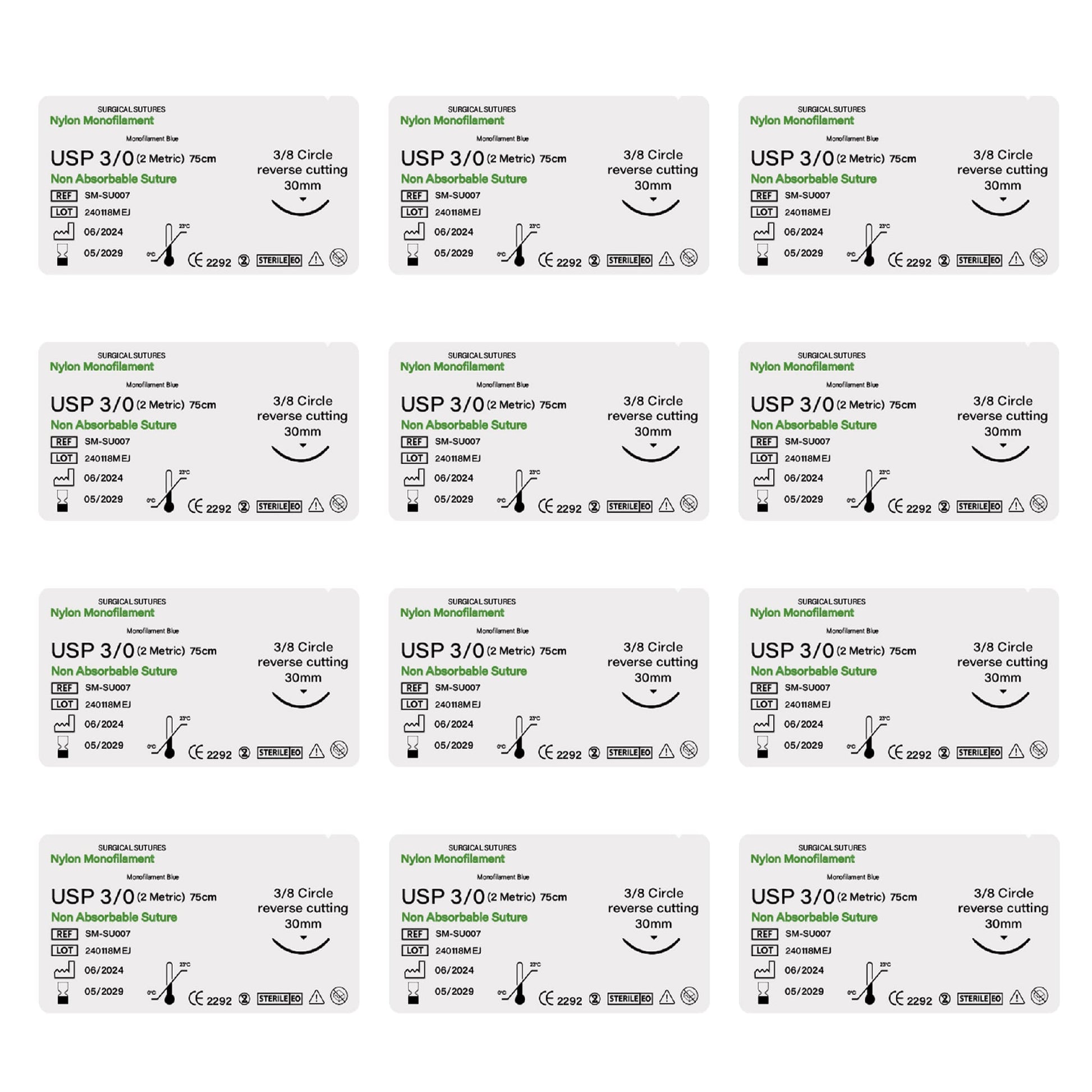 Multiple packages of surgical sutures with labels on a white background