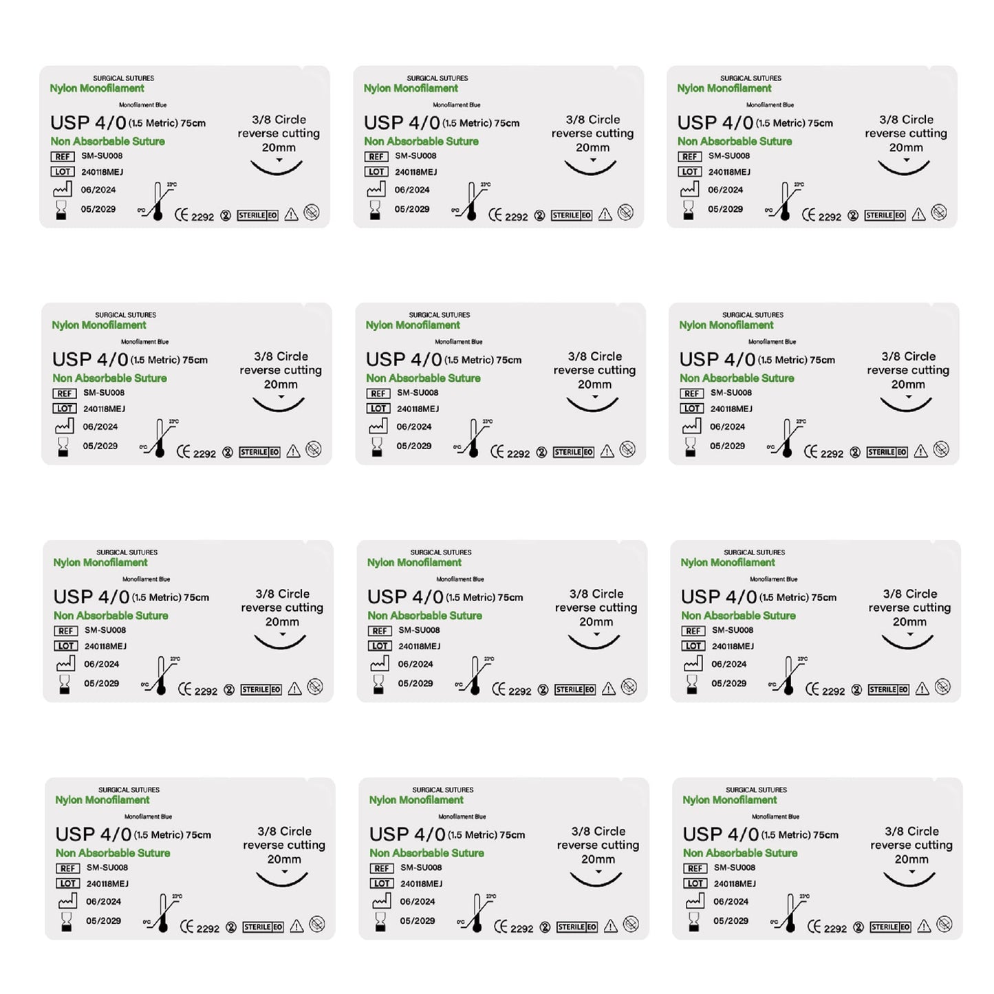 Multiple packages of surgical sutures with labels on a white background