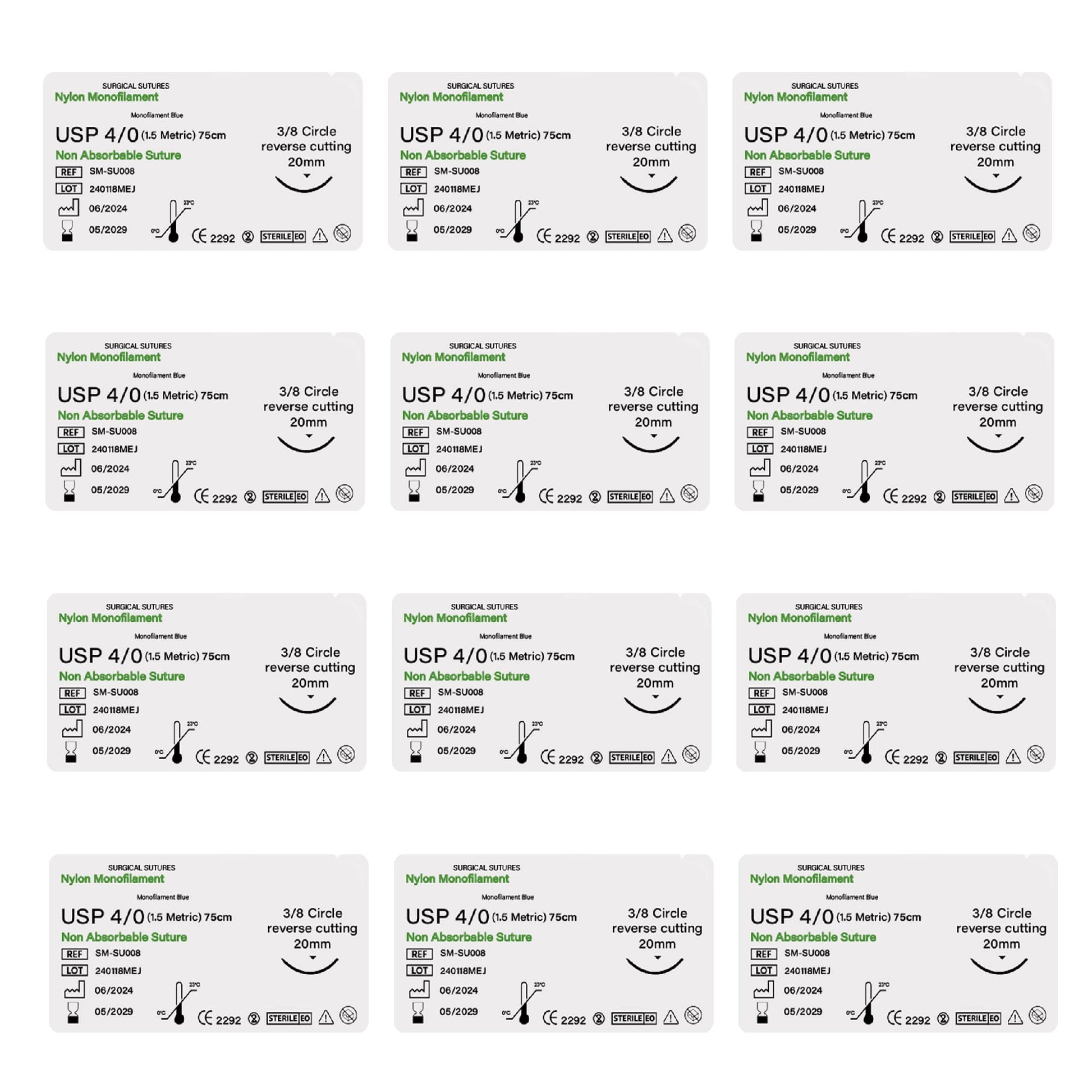 Multiple packages of surgical sutures with labels on a white background