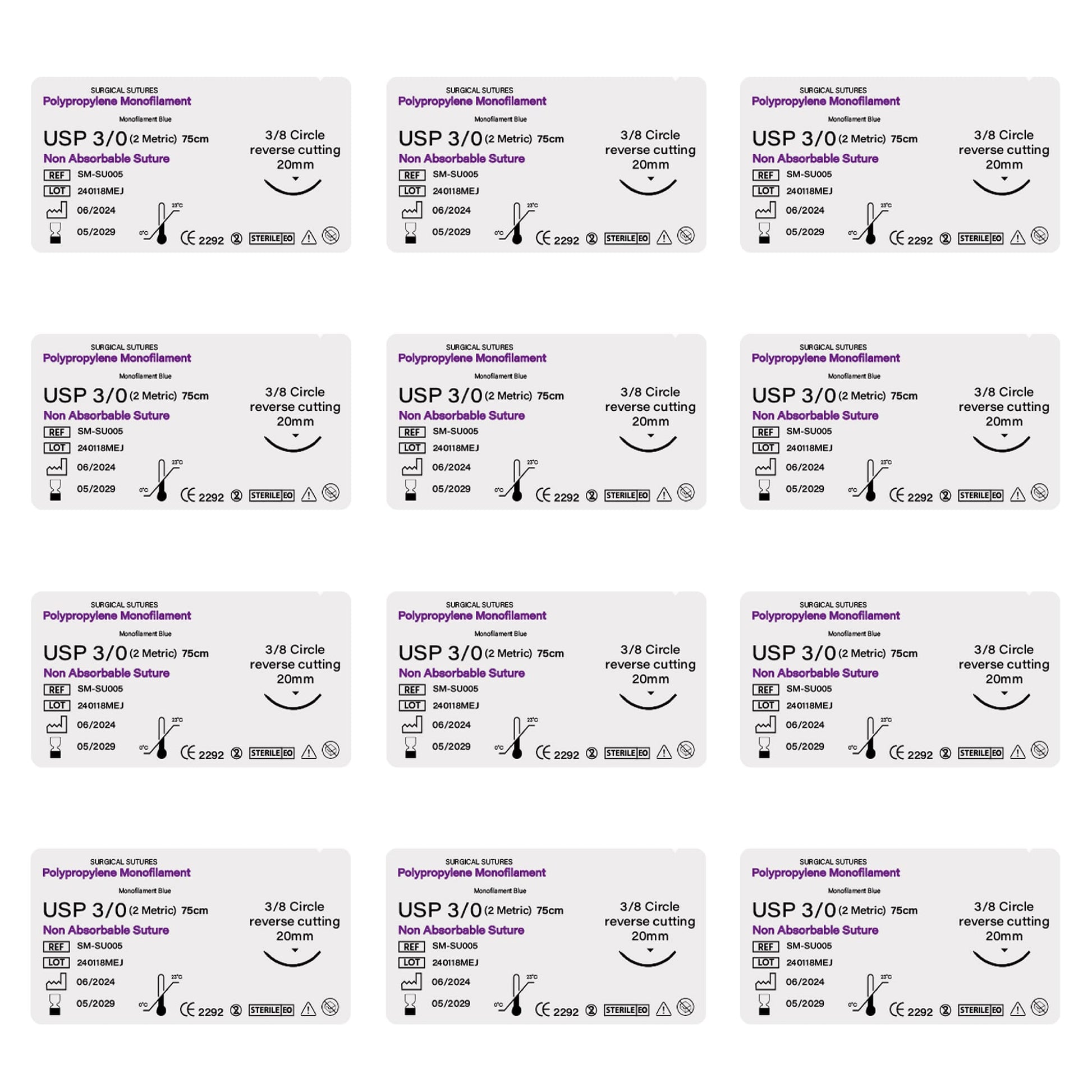 Multiple packages of surgical sutures with labels on a white background