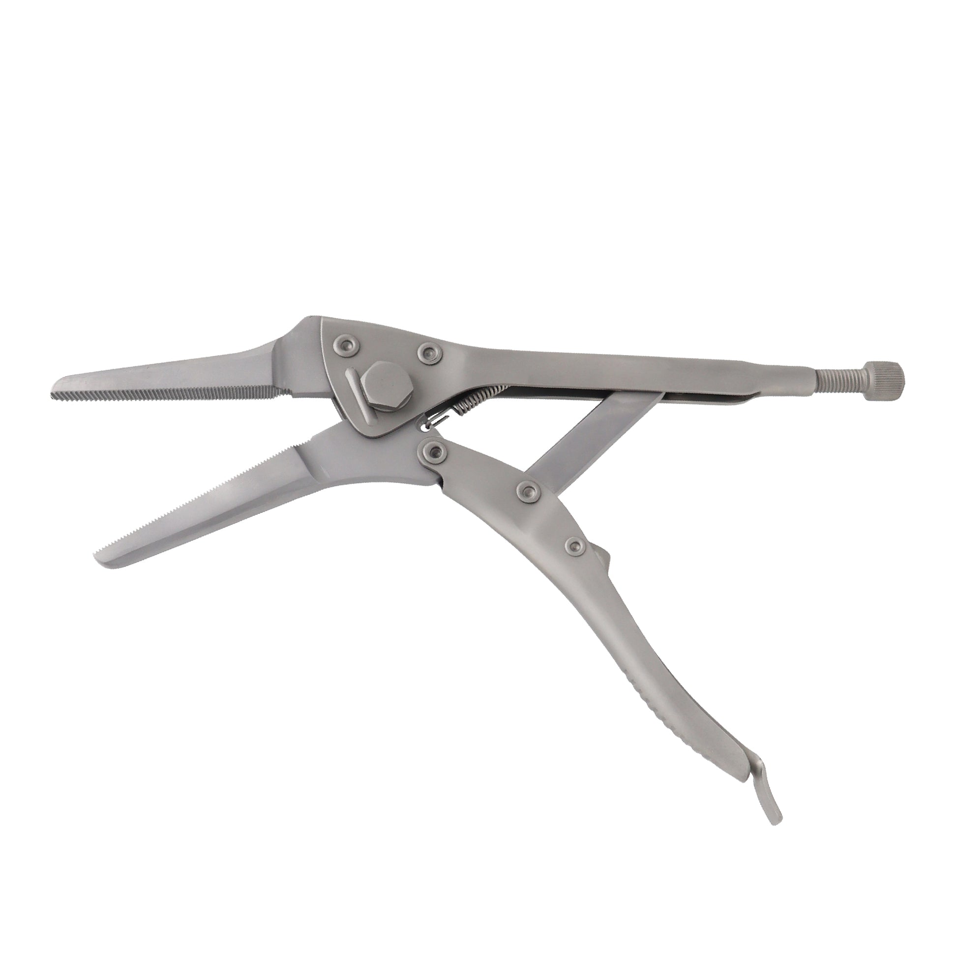 Surgical-grade stainless steel needle nose locking pliers for orthopedic surgery, featuring a long, slim jaw and a manual locking screw mechanism.