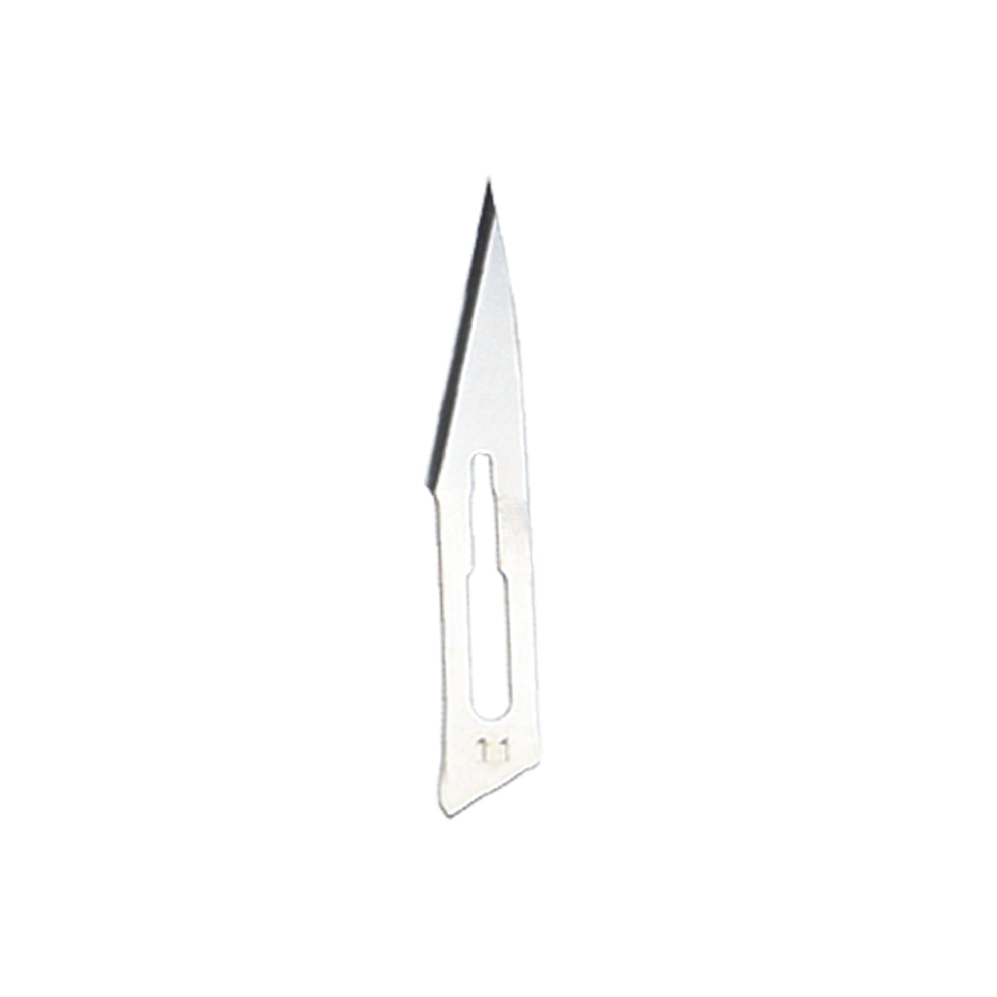 Close-up of a Number 11 surgical blade featuring a flat back and a long, angled cutting edge.