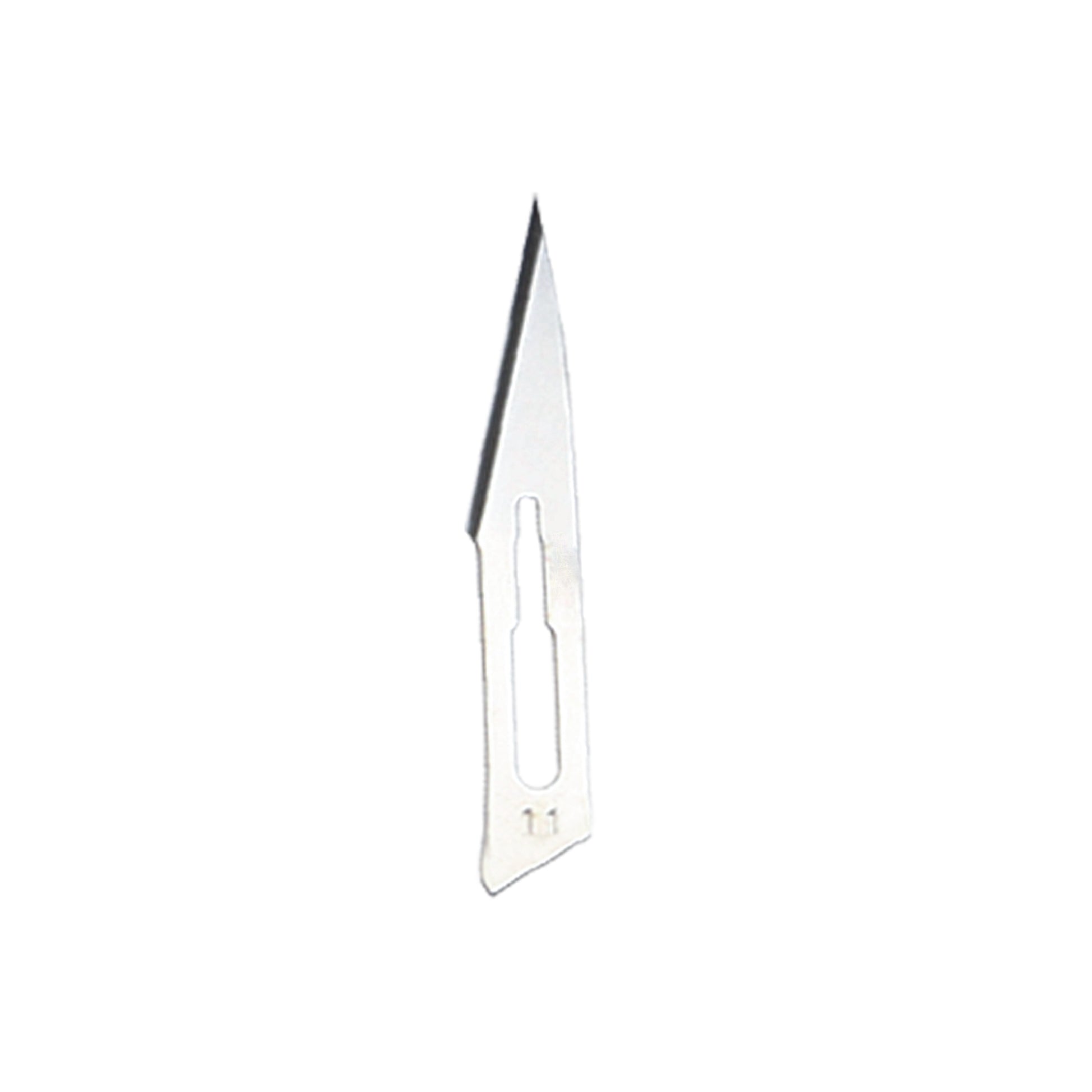 Close-up of a Number 11 surgical blade featuring a flat back and a long, angled cutting edge.