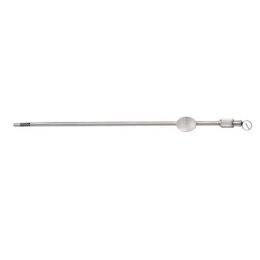 Stainless steel Novak endometrial suction biopsy curette with serrated tip and Luer-lock hub on a plain white background.