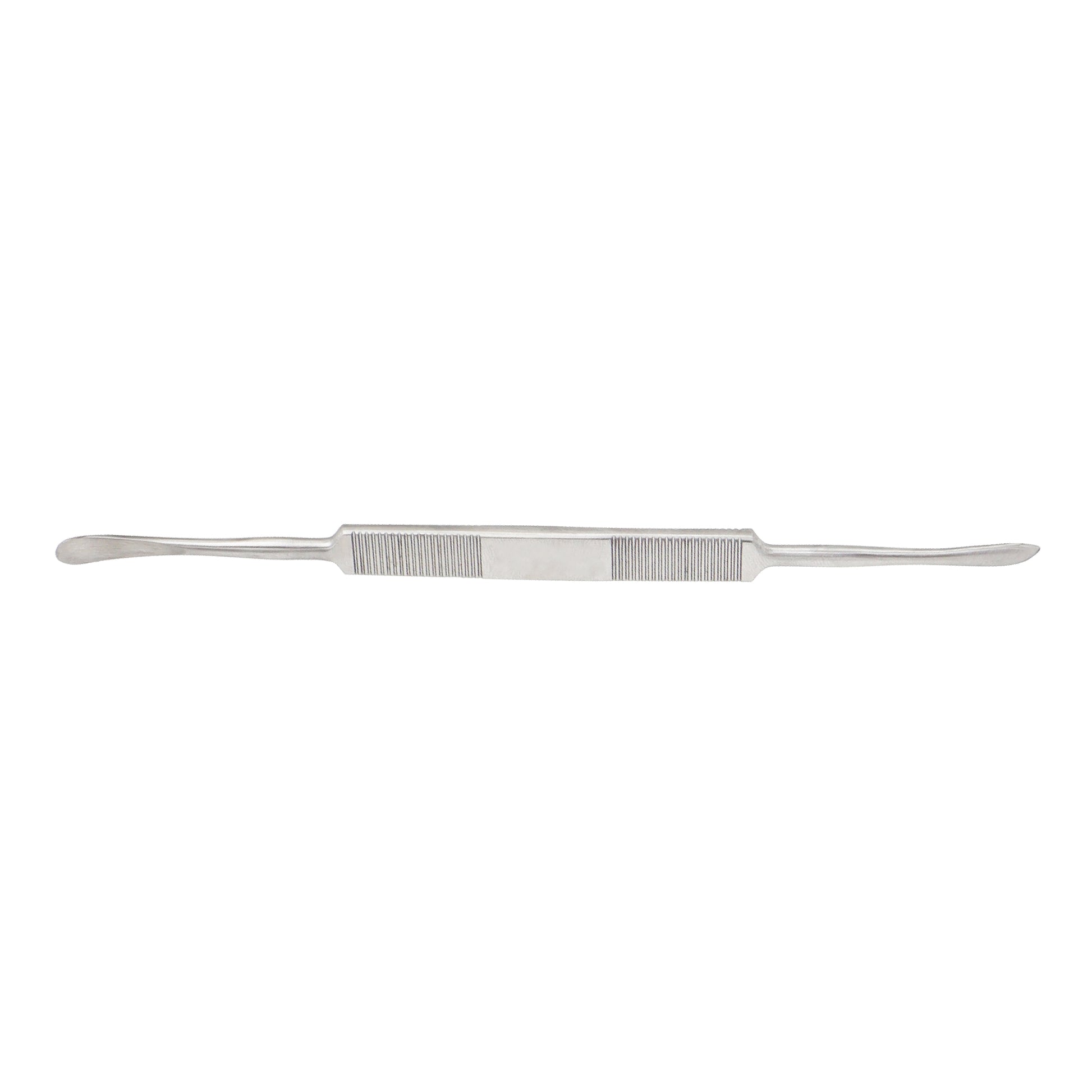 Front view of a double-ended stainless steel OHL periosteal elevator surgical instrument with a ribbed handle on a solid white background.