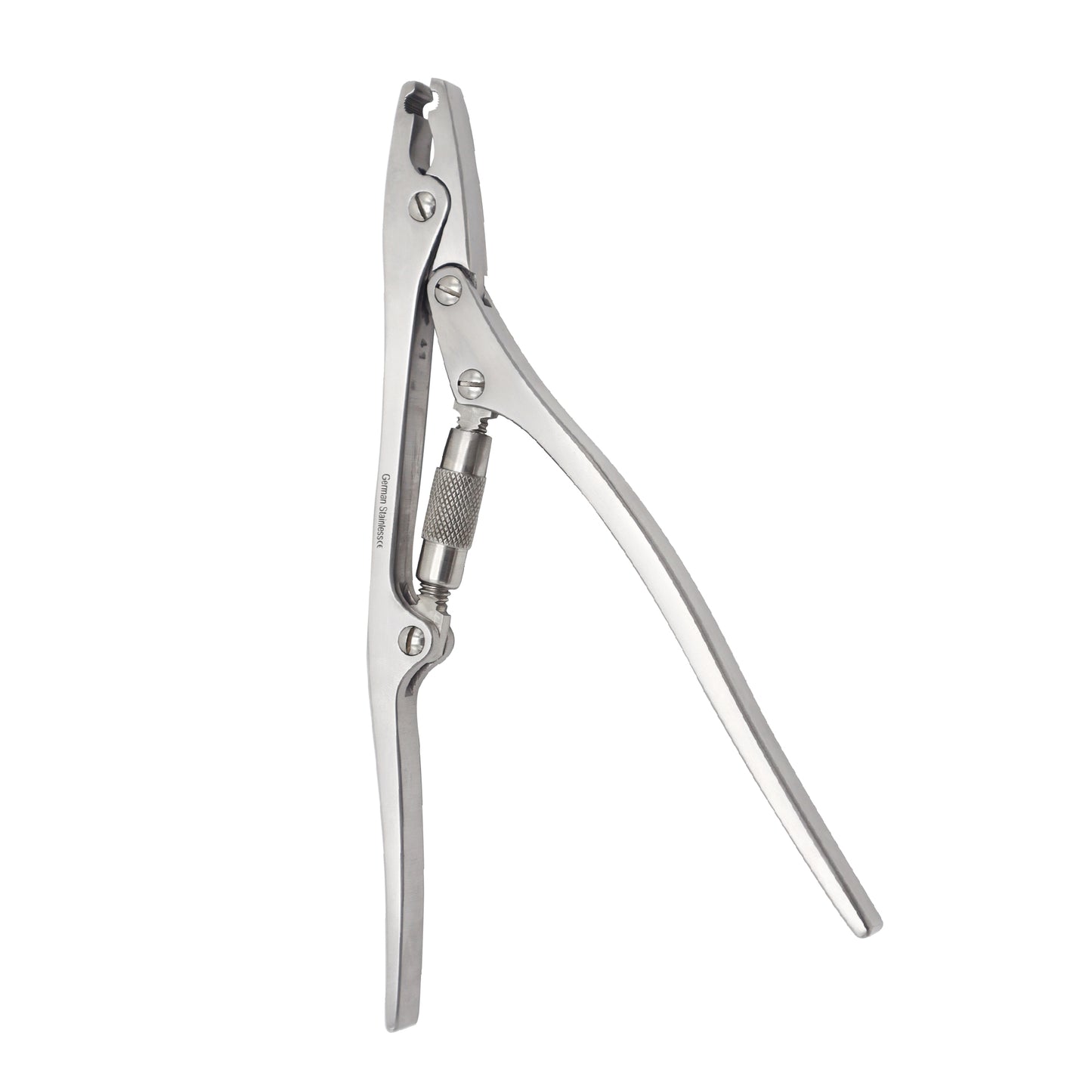 A 33cm stainless steel Reimers Emasculator veterinary instrument with a double-action joint, crushing blades, and a textured grip handle.