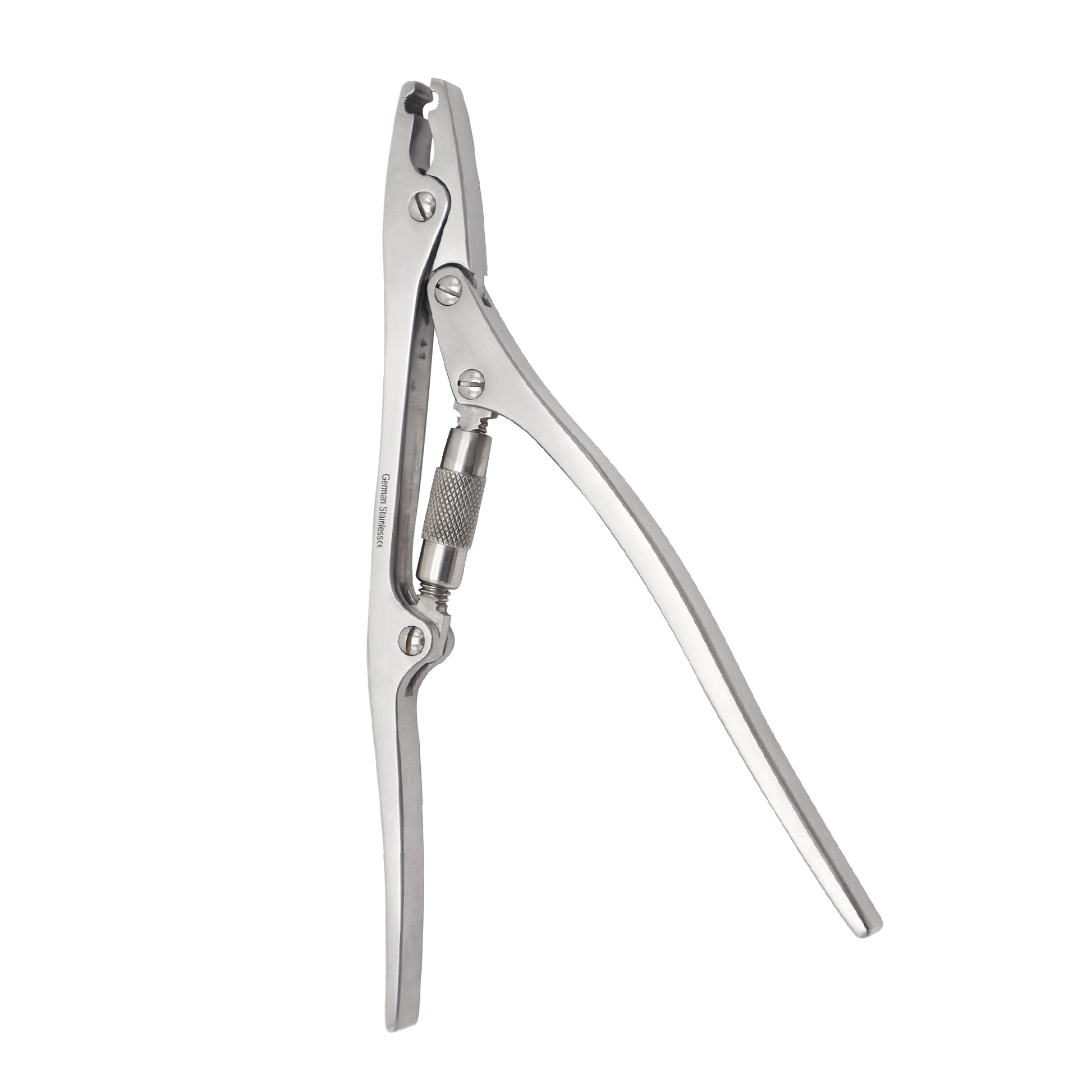 A 33cm stainless steel Reimers Emasculator veterinary instrument with a double-action joint, crushing blades, and a textured grip handle.