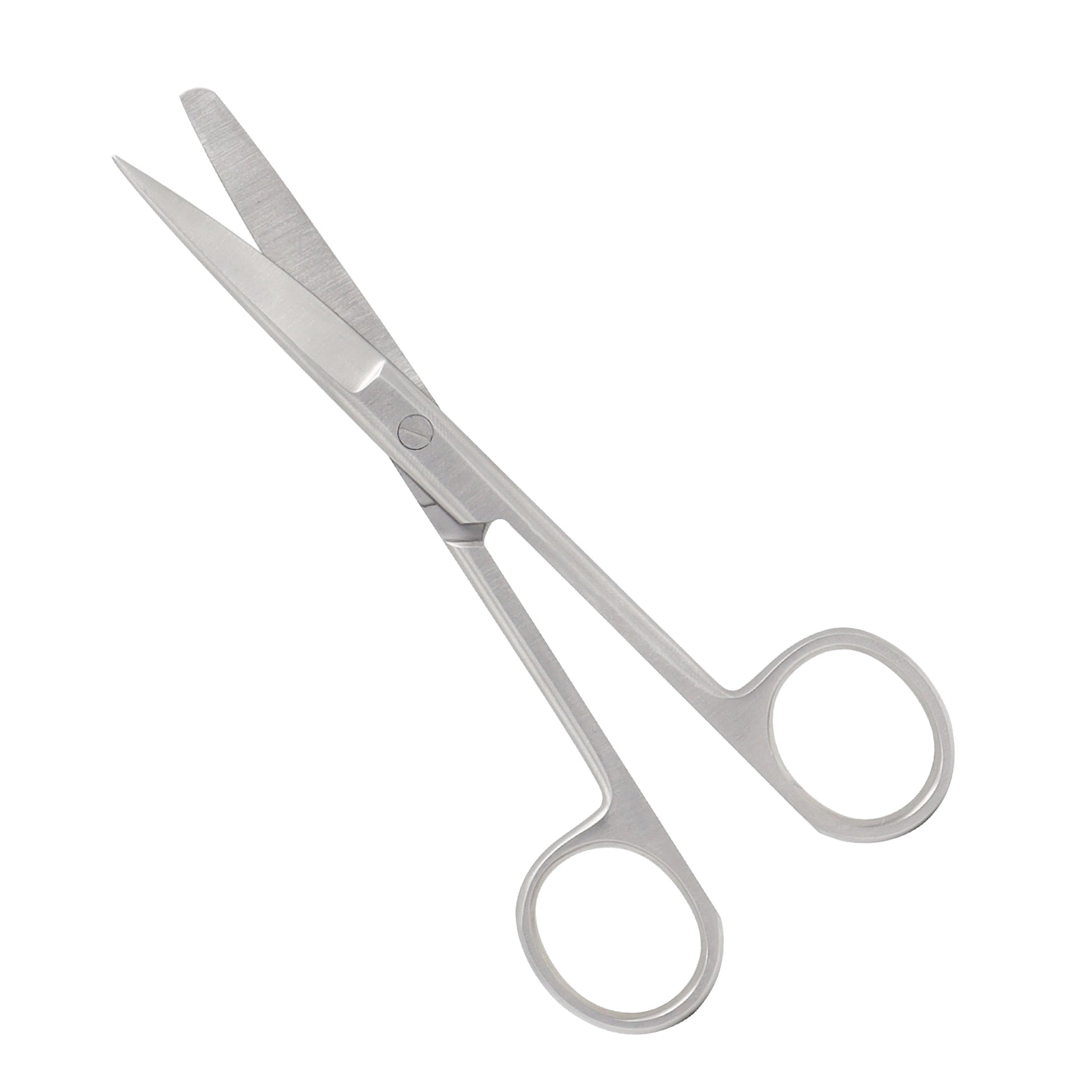 Medical-grade stainless steel operating scissors with a straight blade design featuring one sharp tip and one blunt tip on a clean white background.