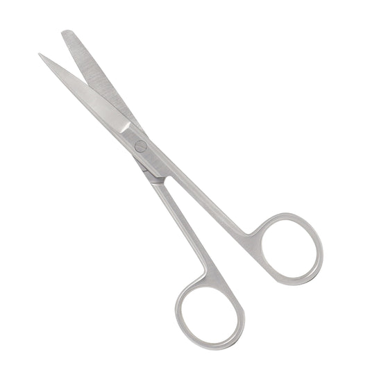 Medical-grade stainless steel operating scissors with a straight blade design featuring one sharp tip and one blunt tip on a clean white background.