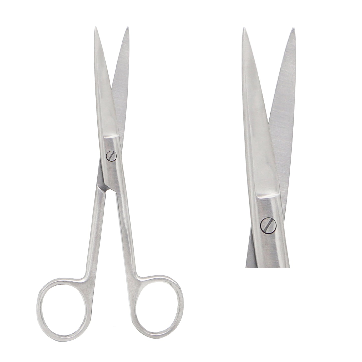 Professional grade straight surgical operating scissors made of polished stainless steel, featuring one sharp pointed tip and one rounded blunt tip with finger ring handles, shown on a clean white background.