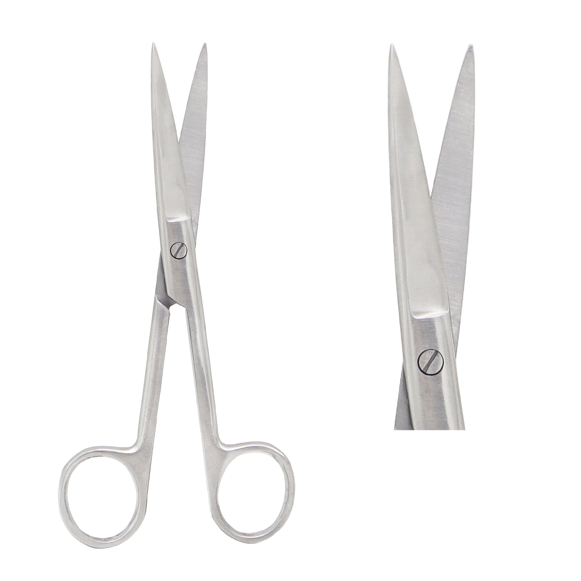 Professional grade straight surgical operating scissors made of polished stainless steel, featuring one sharp pointed tip and one rounded blunt tip with finger ring handles, shown on a clean white background.