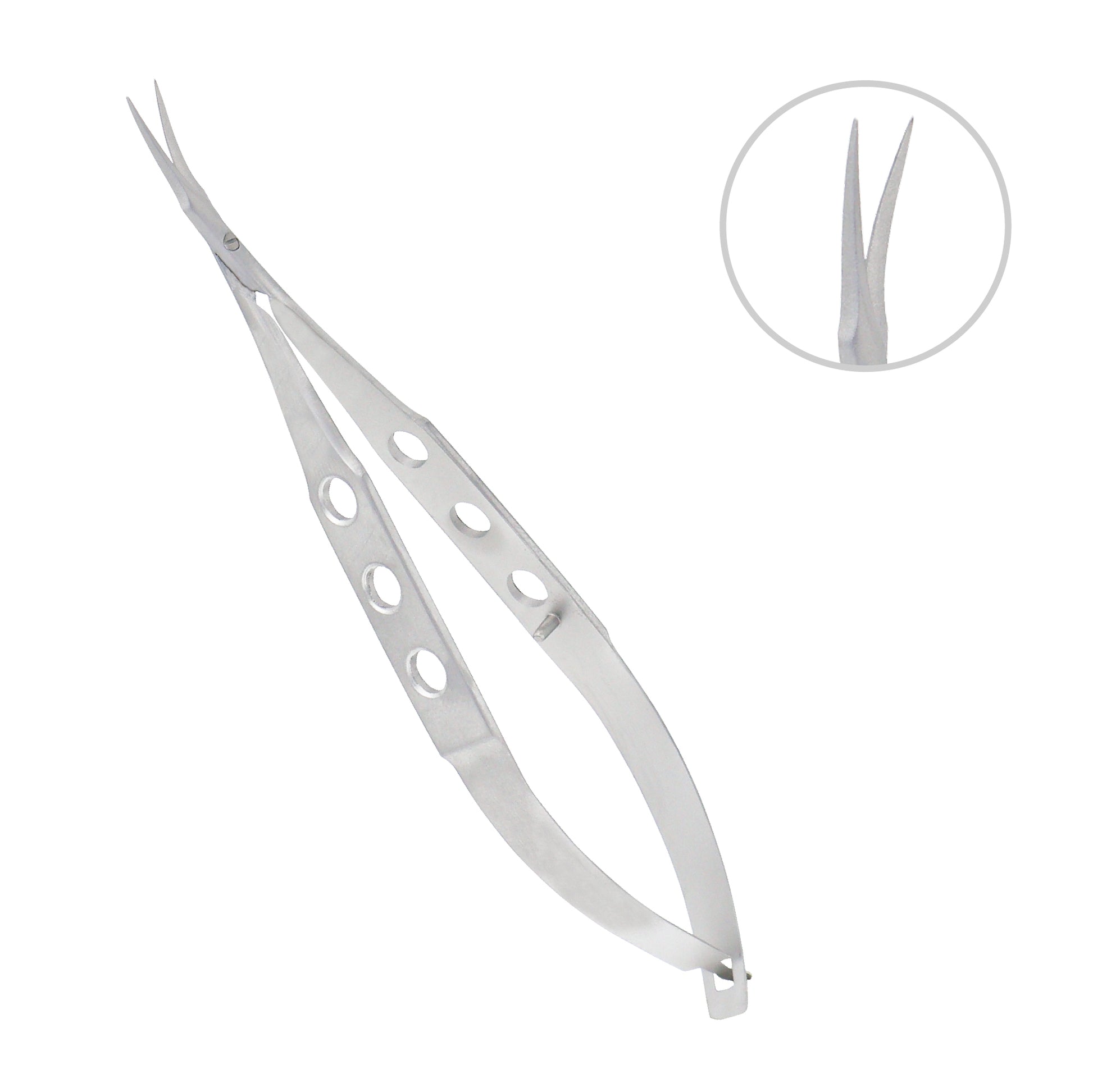 Precision Tenotomy Westcott scissors with pointed tips used in ophthalmic microsurgical procedures.