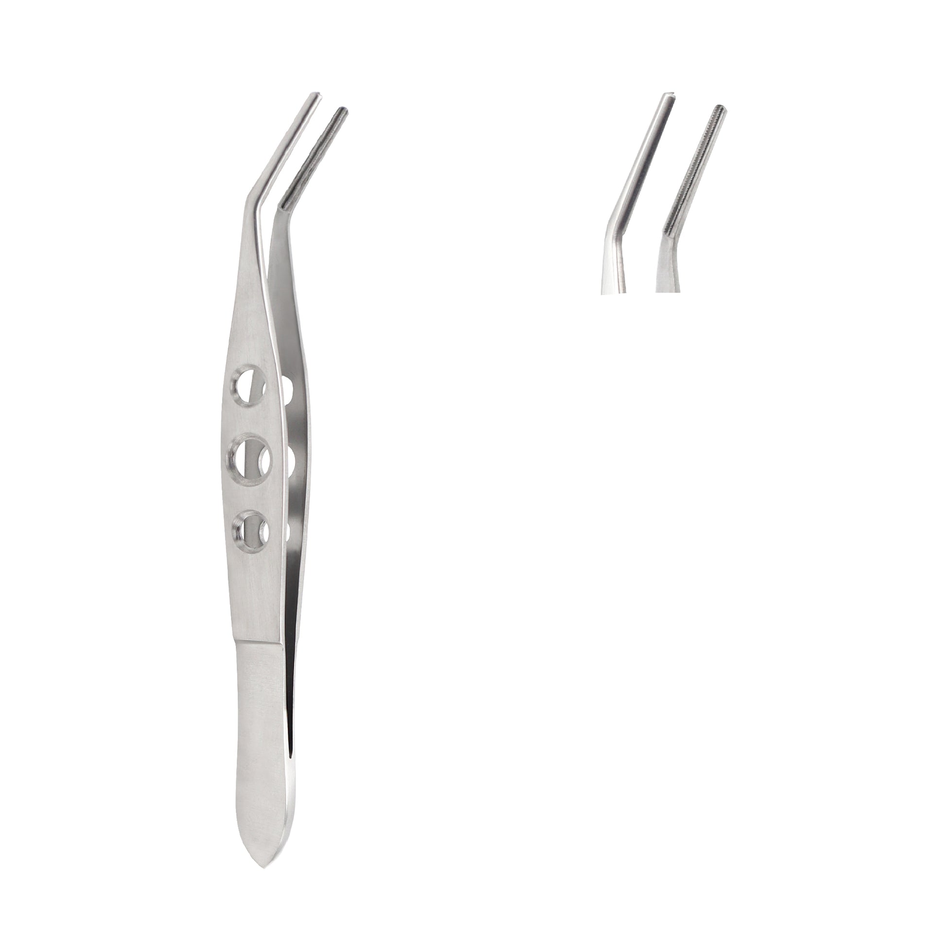 A pair of silver stainless steel ophthalmic epilation forceps featuring a flat handle with three ergonomic circular holes and delicate, angled working tips designed for precision medical procedures.