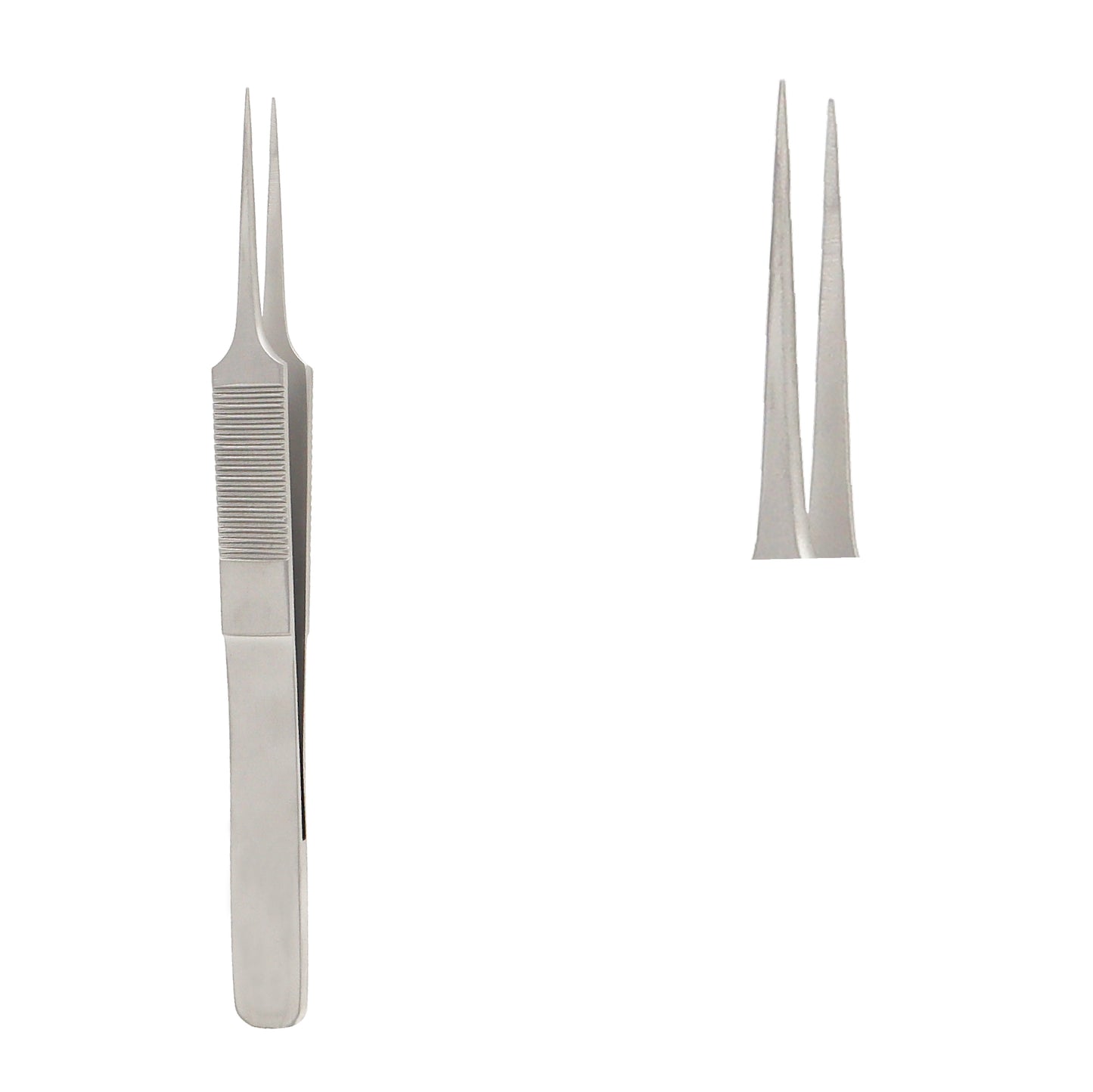 Close-up of tying jewelers forceps with ultra-fine 0.5 mm tips and 7.5 mm platform designed for delicate eye surgery procedures