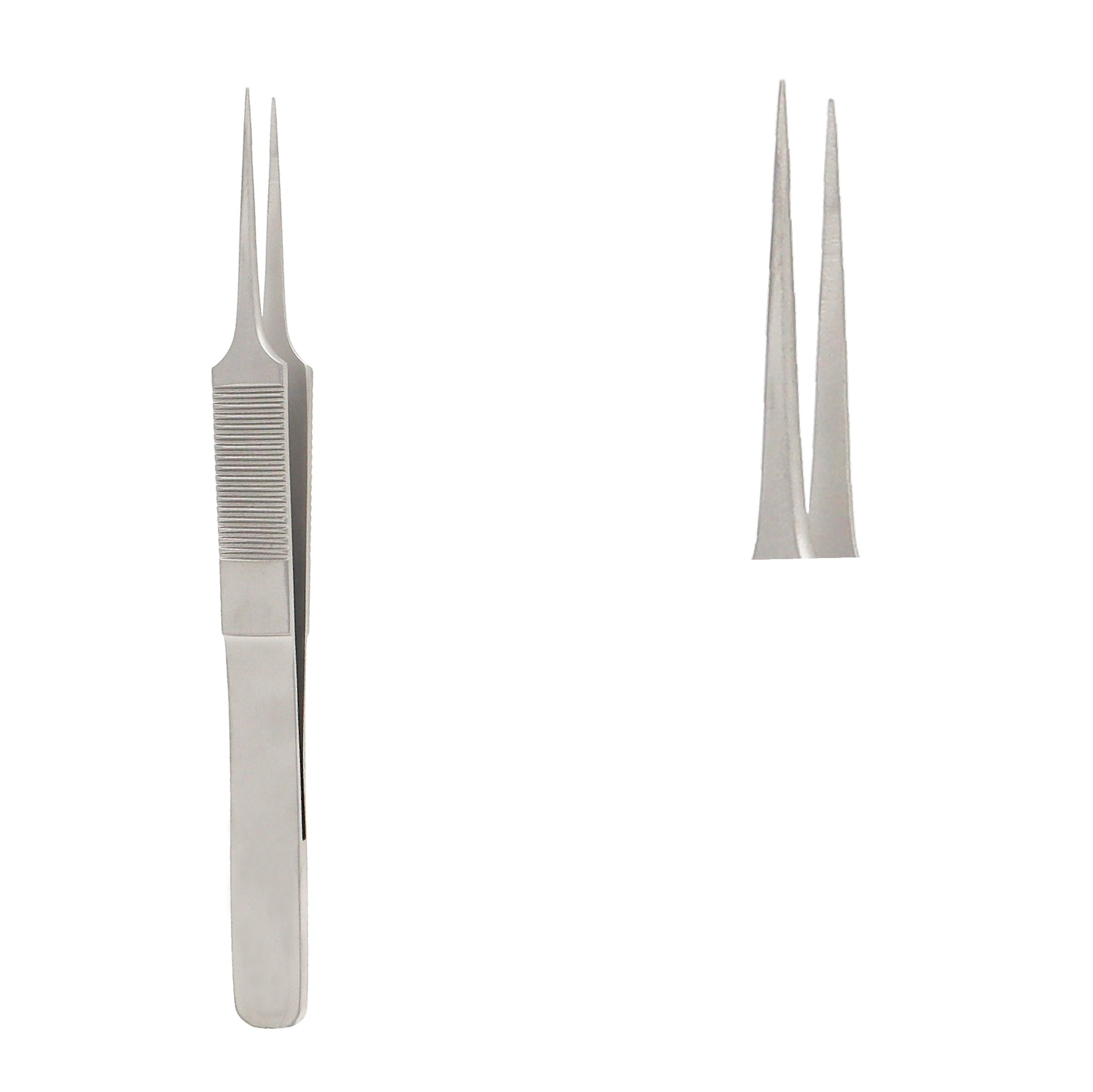Close-up of tying jewelers forceps with ultra-fine 0.5 mm tips and 7.5 mm platform designed for delicate eye surgery procedures