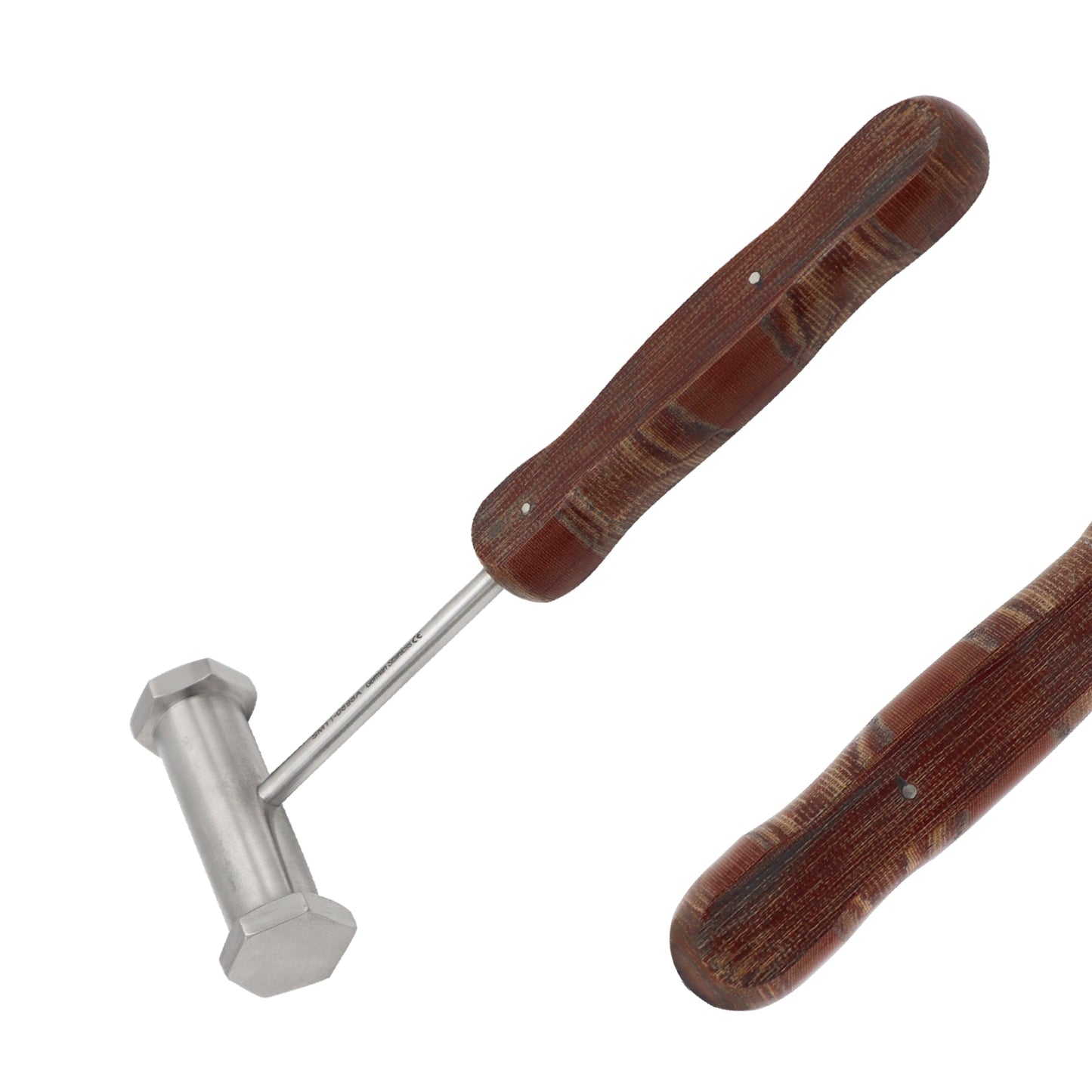 An orthopedic surgical bone mallet featuring a faceted stainless steel hammer head and an ergonomic brown phenolic fiber handle, shown from a front angle against a solid white background.