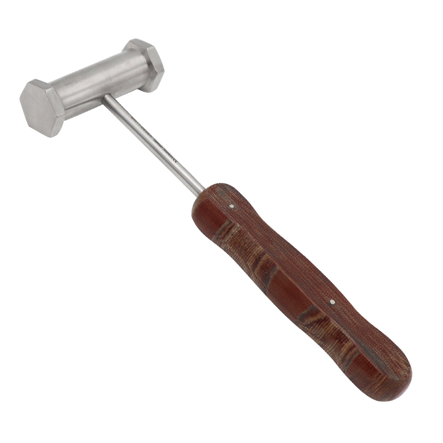 Medical-grade stainless steel orthopedic surgical bone mallet featuring a heavy cylindrical hammer head and a contoured brown phenolic fiber handle against a white background.