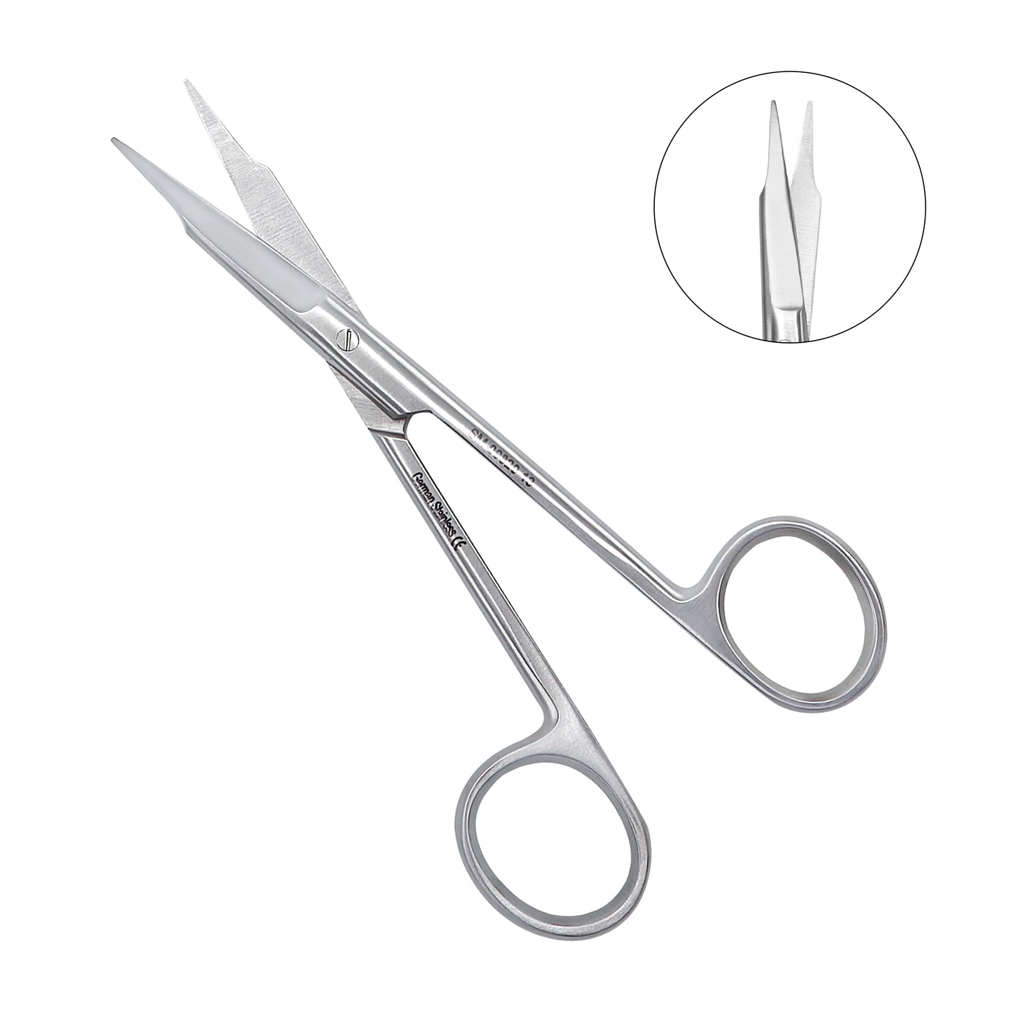 Pair of surgical scissors with a close-up inset on a white background