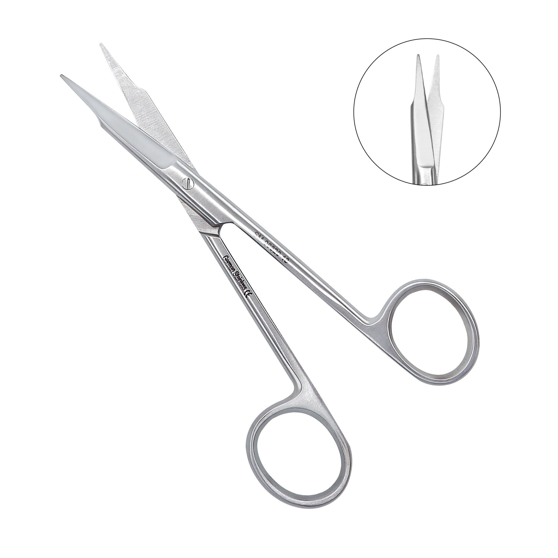 Pair of surgical scissors with a close-up inset on a white background