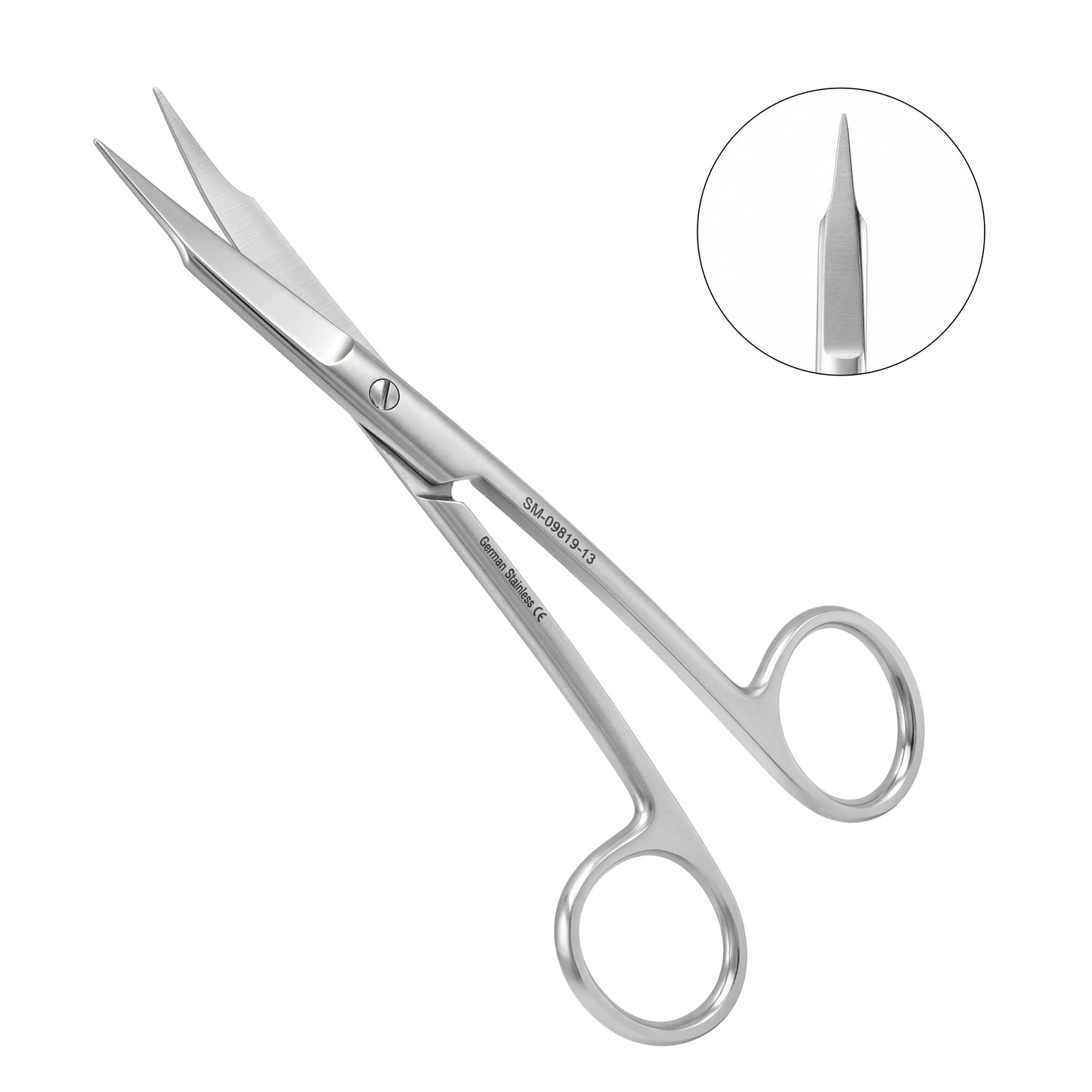 Pair of surgical scissors with a close-up inset showing the needle-nose tip on a white background.