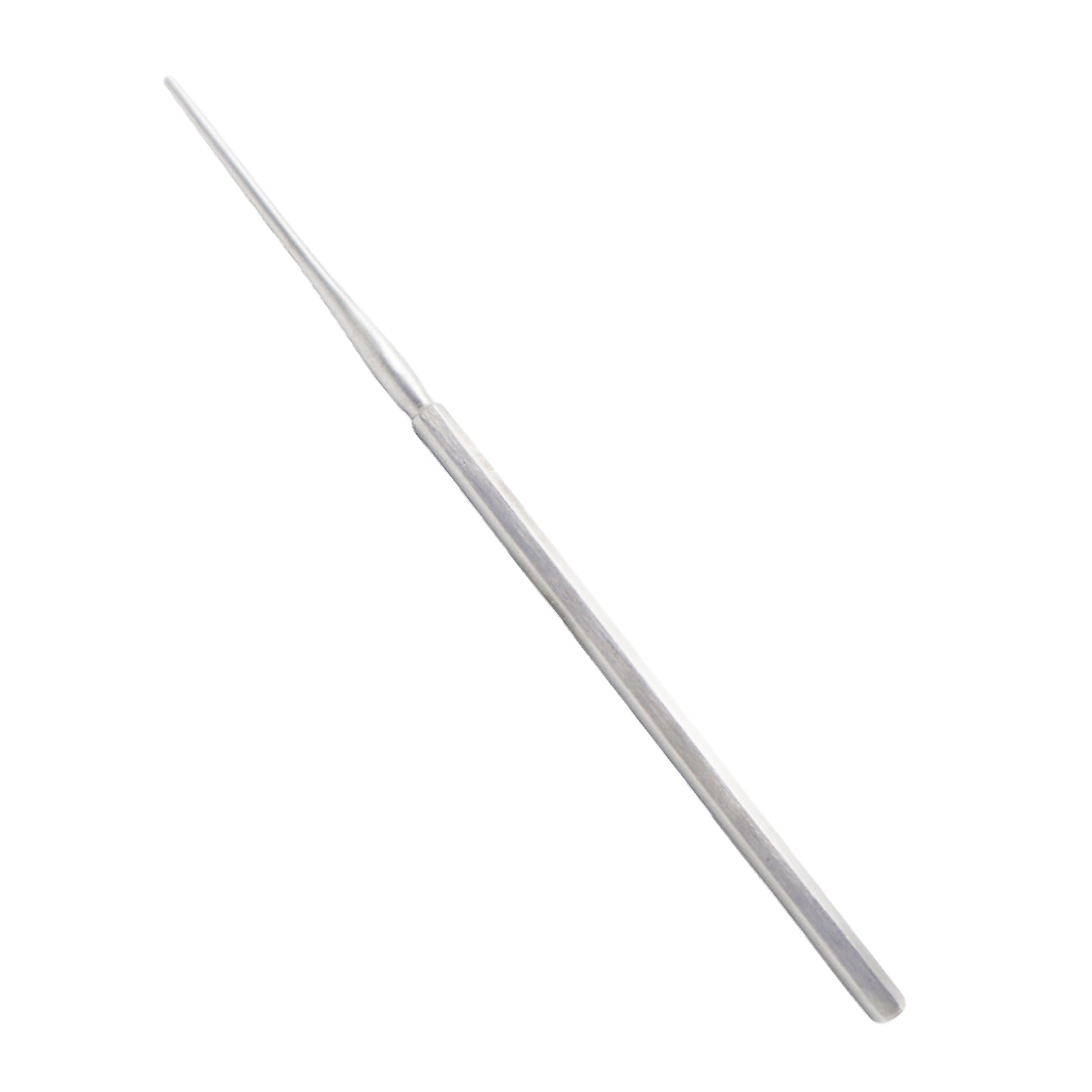  A long, slender stainless steel surgical instrument with a tapered, pointed tip and a rounded handle, typically used for delicate ear surgeries.