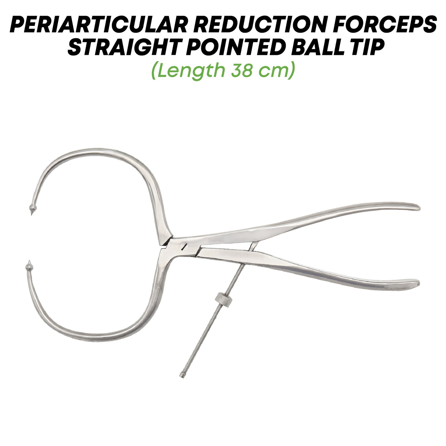 Periarticular reduction forceps with straight pointed ball tip on a white background