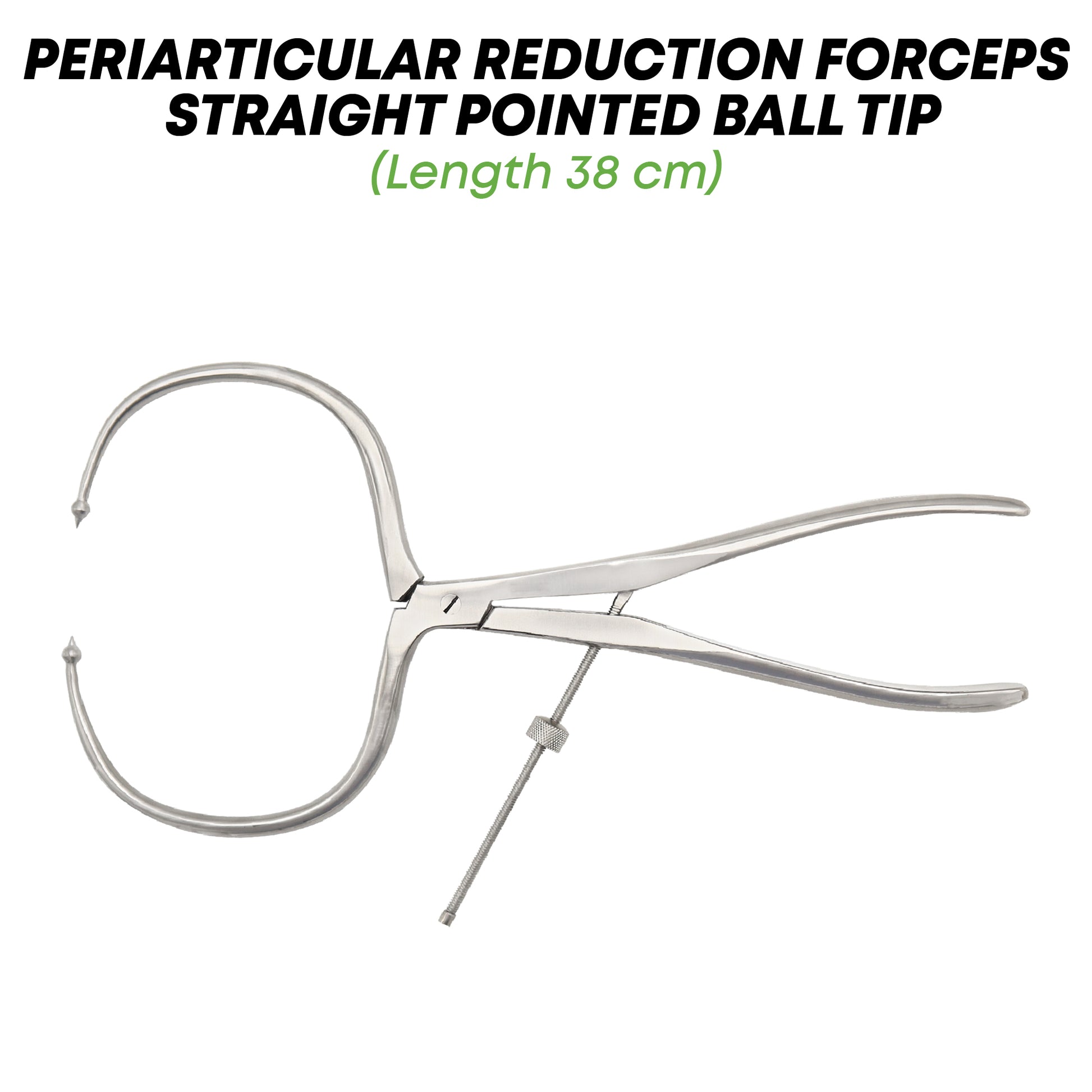 Periarticular reduction forceps with straight pointed ball tip on a white background