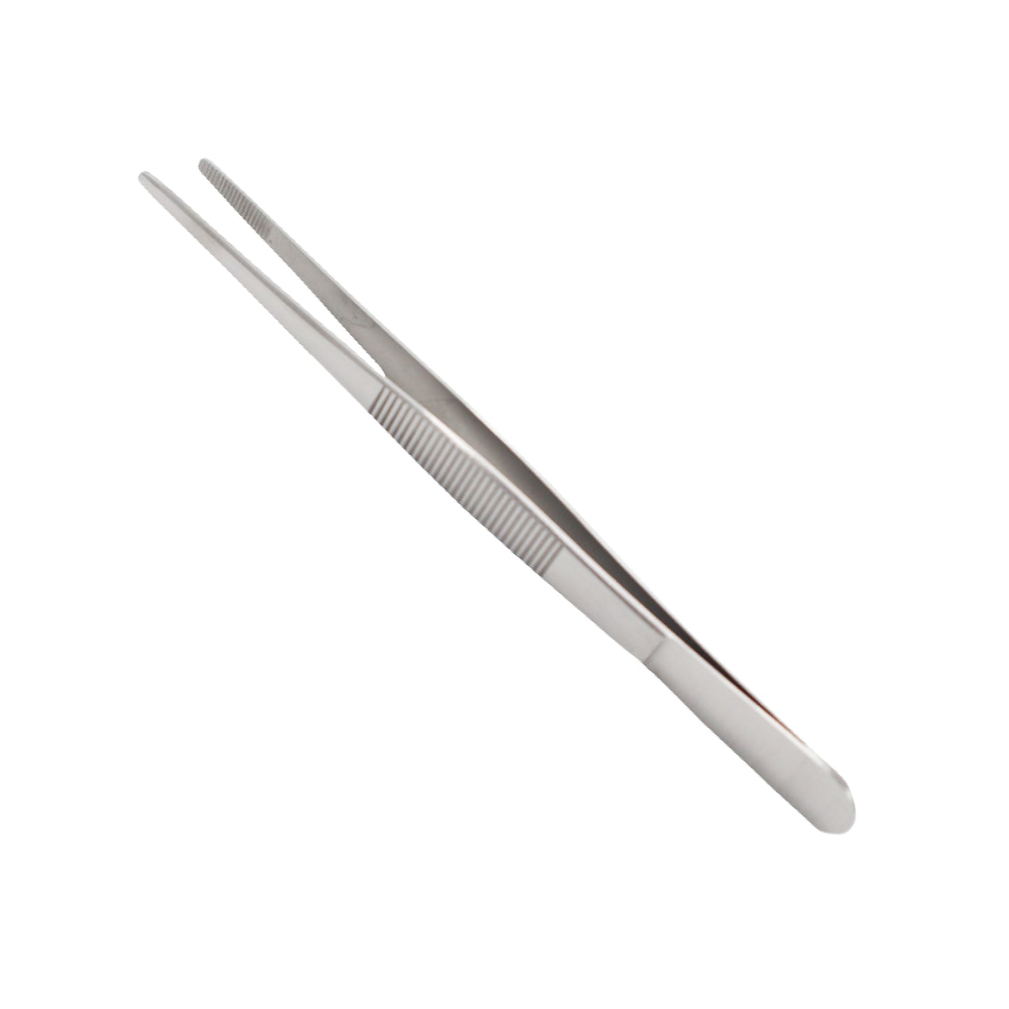 A pair of stainless steel, straight-handle surgical forceps featuring a tapered tip with internal serrations and a ridged grip for secure handling.