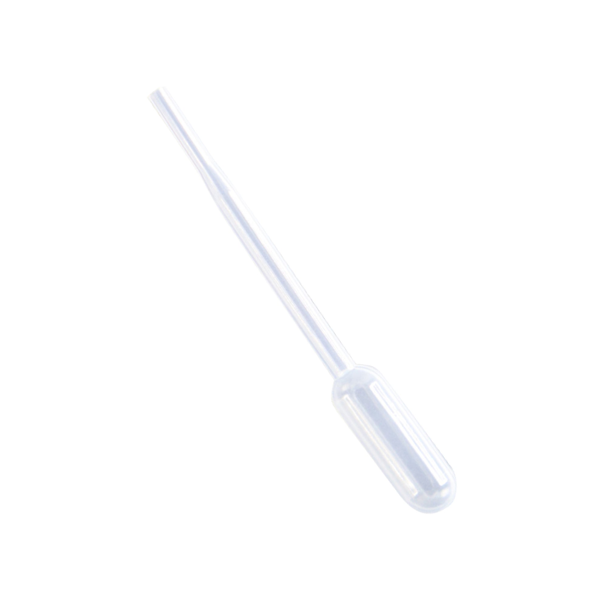 A transparent 1-piece polyethylene liquid transfer pipette commonly used in laboratory research and medical applications.