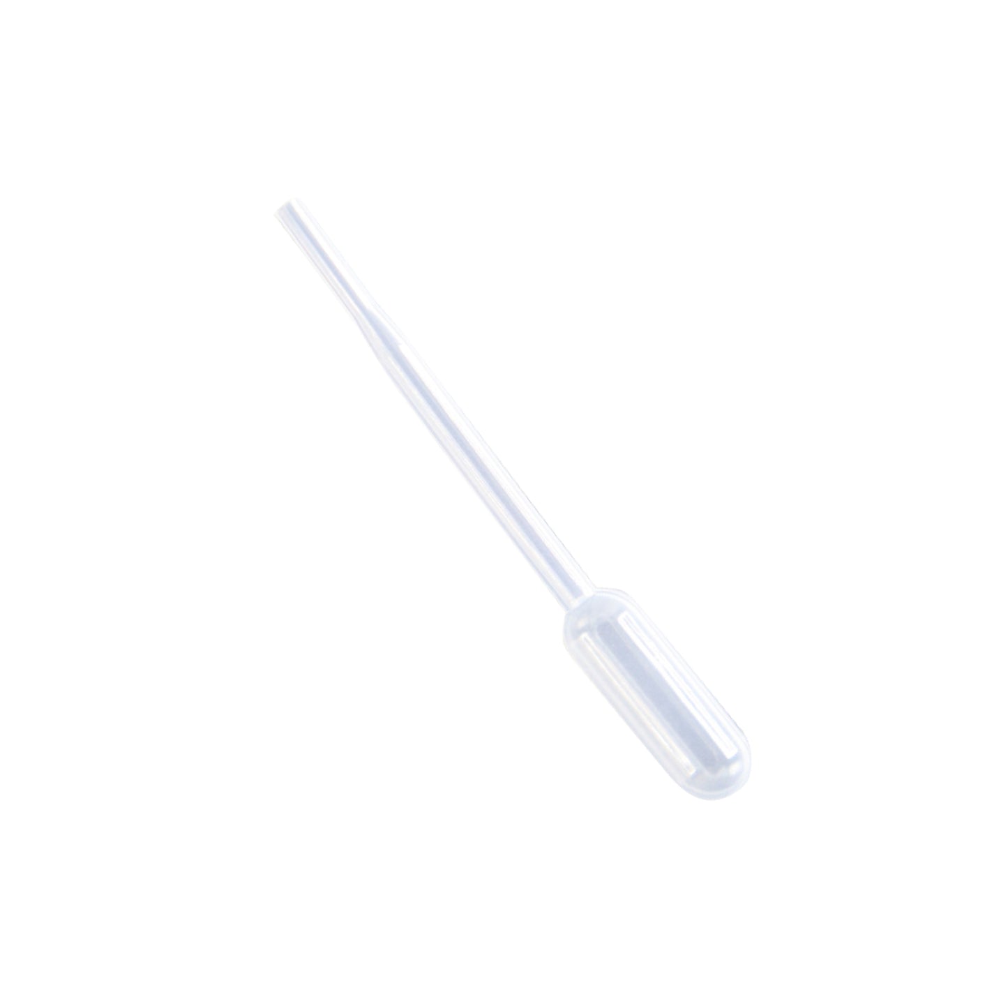 A clear, one-piece plastic transfer pipette with a bulb for liquid aspiration and a long, narrow stem for precise liquid dispensing.