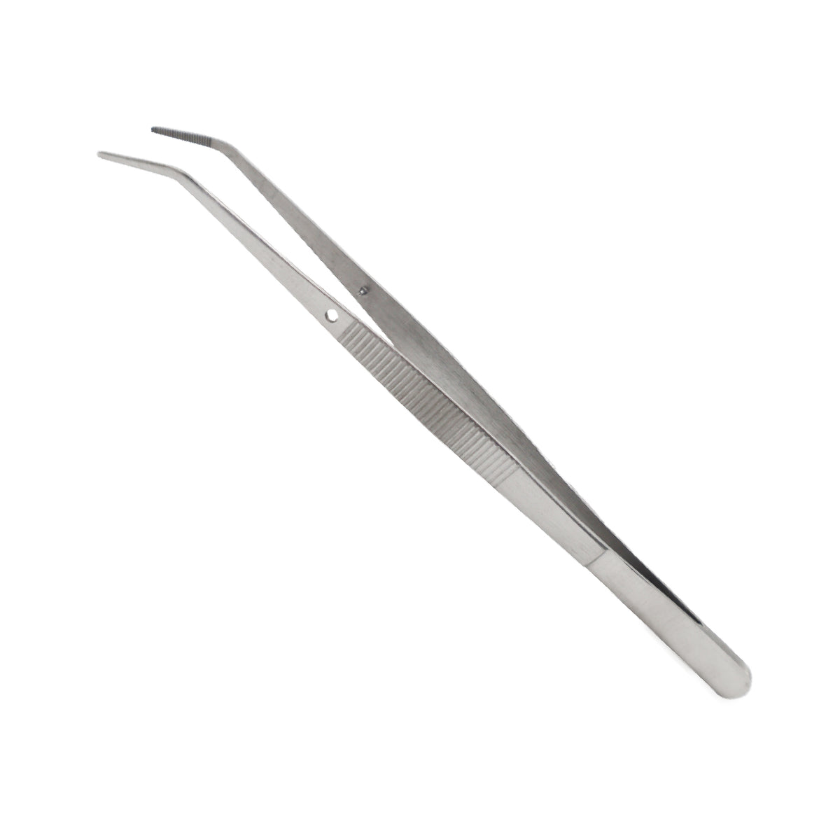 A pair of metallic, stainless steel precision tweezers with a curved fine tip and a ribbed non-slip grip handle, displayed diagonally on a solid white background.