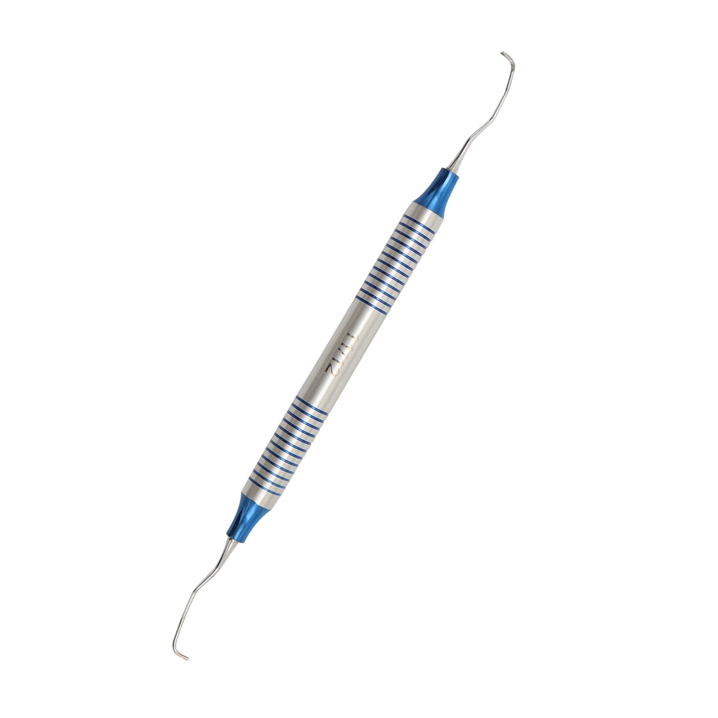 A double-ended dental hygiene instrument featuring curved blue titanium-coated tips and a thick, textured stainless steel handle for enhanced grip.