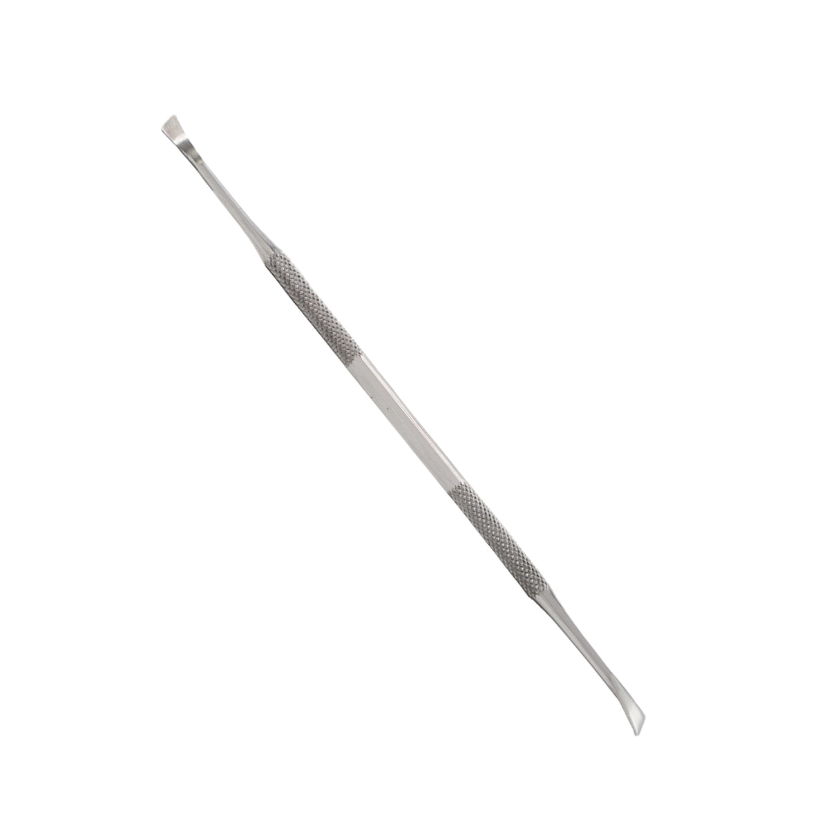 A double-ended stainless steel utility tool featuring a flat, angled spatula blade on one end, a slightly curved contour tip on the other, and a cross-hatched knurled central handle for a secure grip, isolated on a white background.