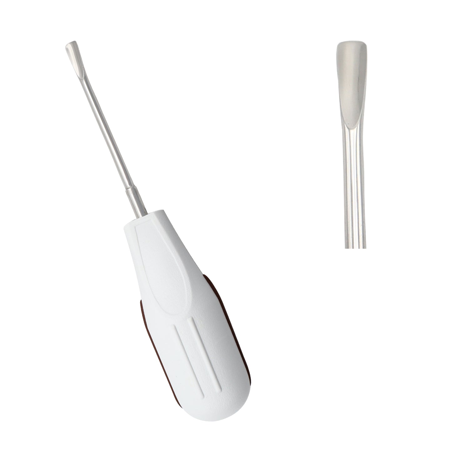 Professional dental surgical instrument featuring a 5mm straight periotome blade and a lightweight white and beige handle designed to sever the periodontal ligament during atraumatic tooth removal.