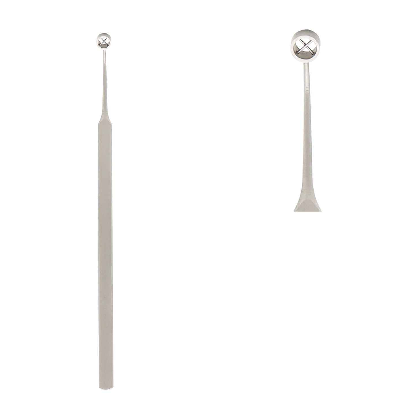 High-grade stainless steel dental mouth mirror instrument with a long slender handle and a detachable circular front-surface mirror head on a white background.