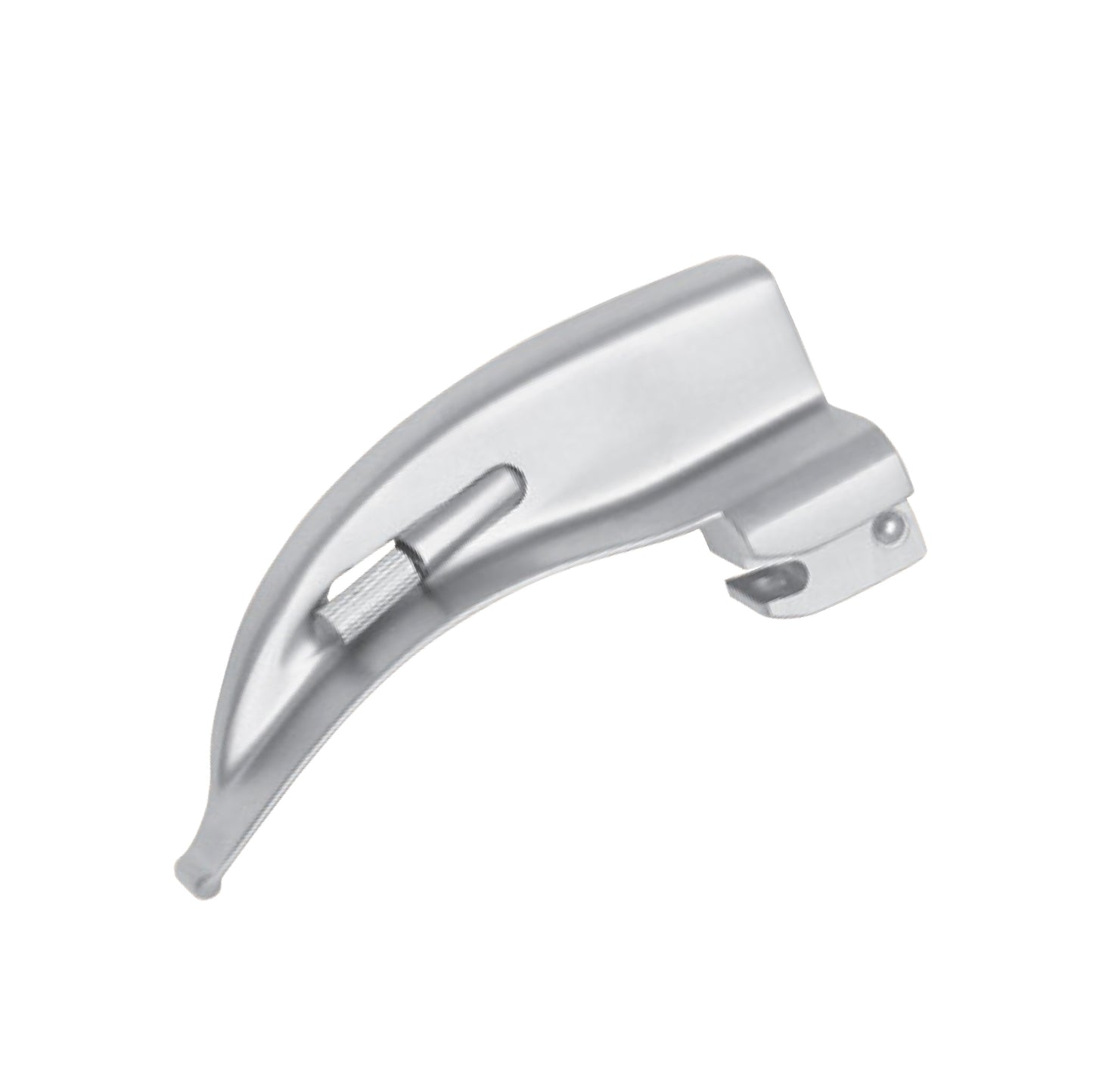 A curved, stainless steel Macintosh laryngoscope blade with an integrated fiber optic light carrier, designed for medical intubation procedures.