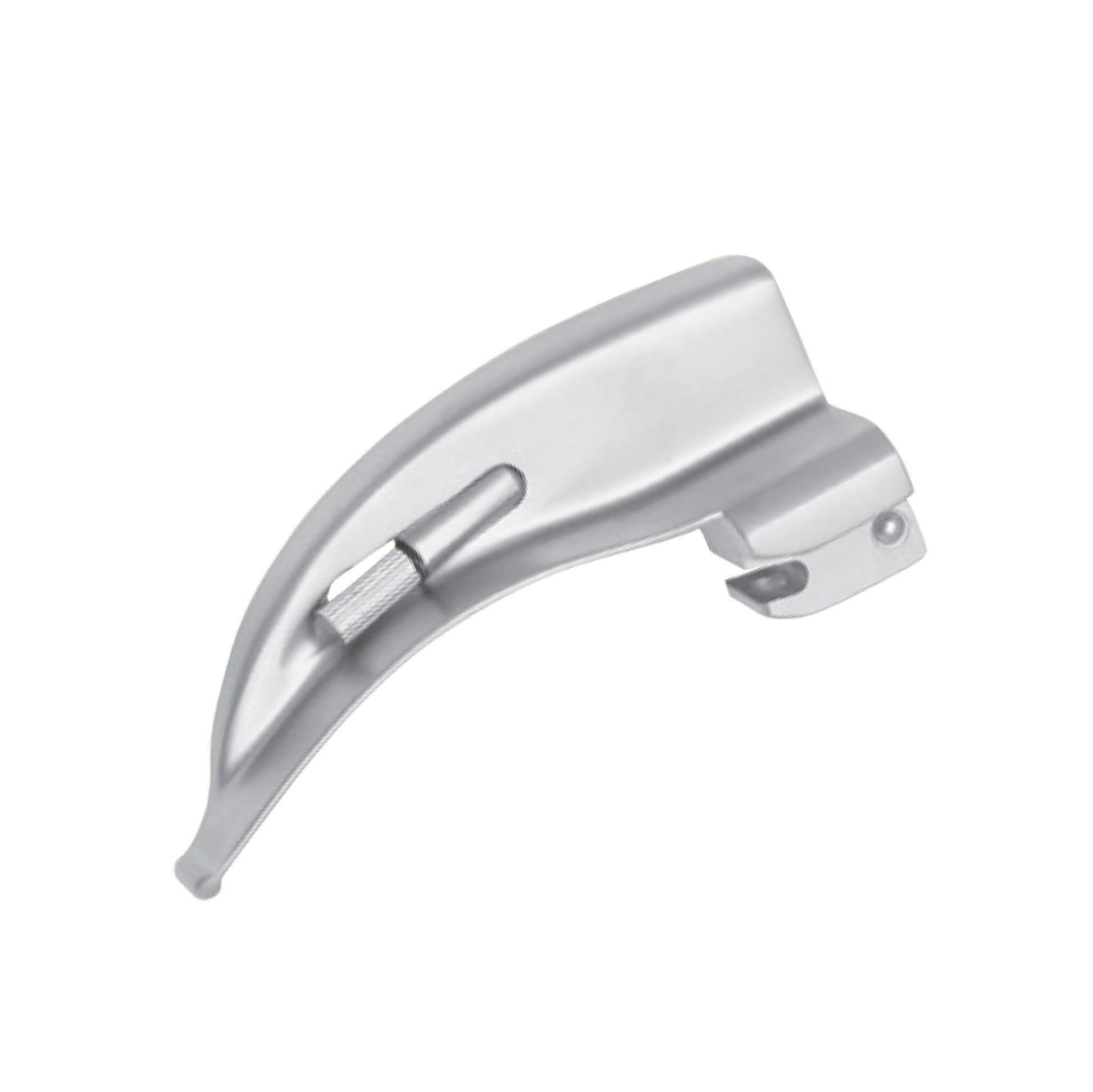 A curved, stainless steel Macintosh laryngoscope blade with an integrated fiber optic light carrier, designed for medical intubation procedures.