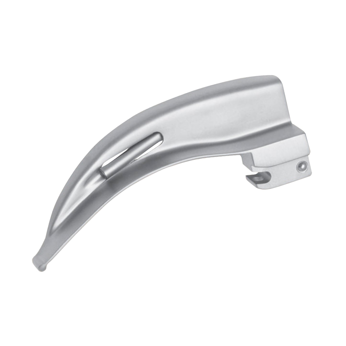 A curved, stainless steel Macintosh laryngoscope blade featuring a built-in fiber optic light channel and a standard hook-on base for medical intubation procedures.