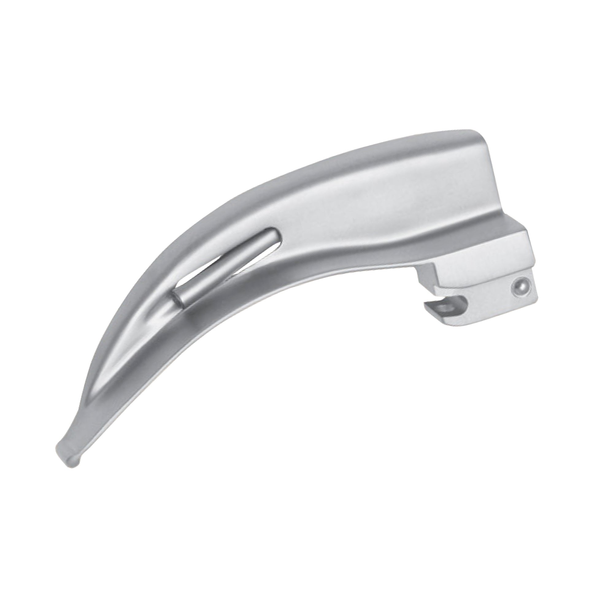 A curved, stainless steel Macintosh laryngoscope blade featuring a built-in fiber optic light channel and a standard hook-on base for medical intubation procedures.