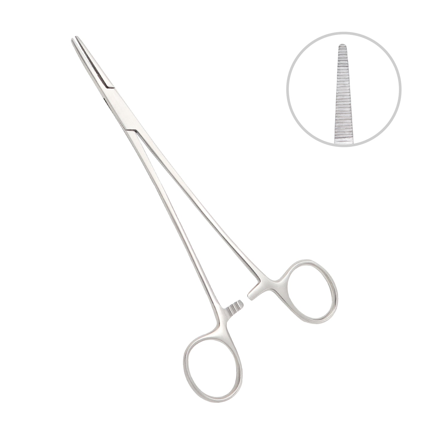 Straight surgical Rochester-Ochsner hemostatic forceps made of stainless steel, featuring serrated jaws with 1x2 rat-tooth tips and ratcheted finger-ring handles.