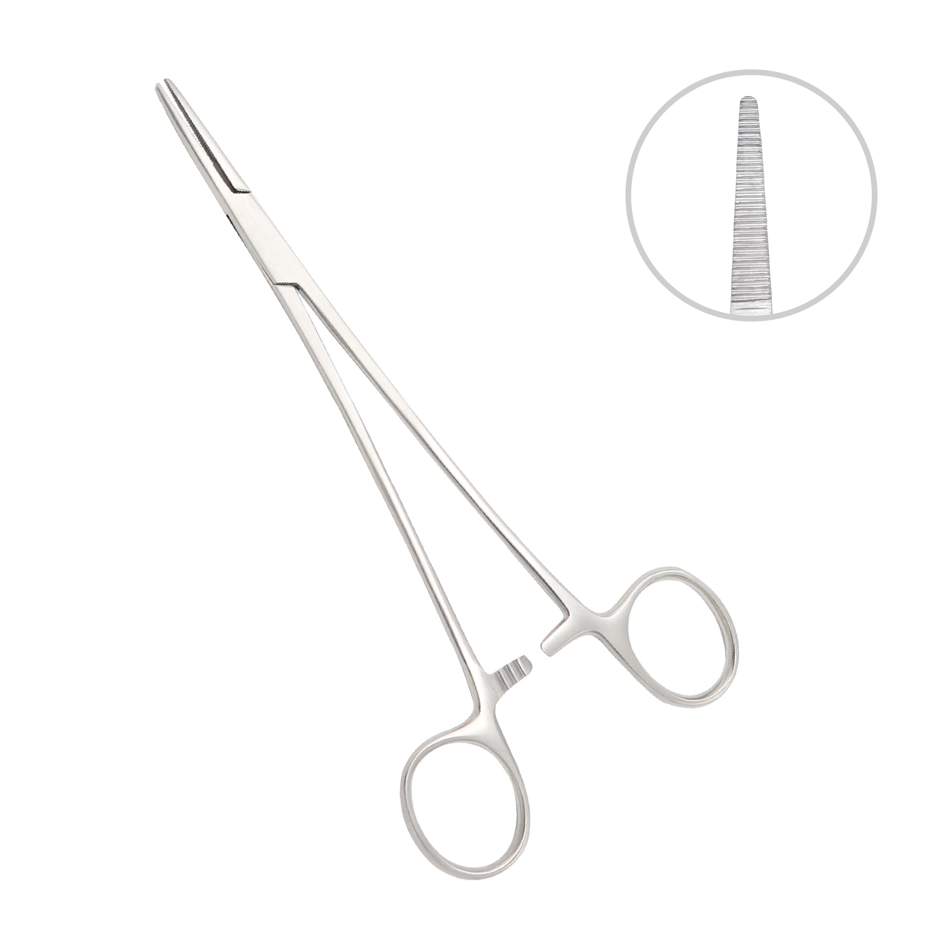 Straight surgical Rochester-Ochsner hemostatic forceps made of stainless steel, featuring serrated jaws with 1x2 rat-tooth tips and ratcheted finger-ring handles.