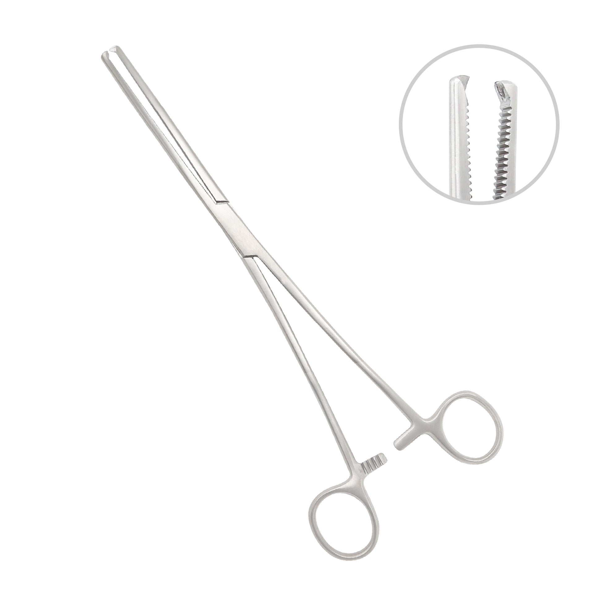 Straight Rochester-Pean hemostatic forceps with deep transverse serrated jaws and a locking ratchet mechanism for surgical vessel clamping.